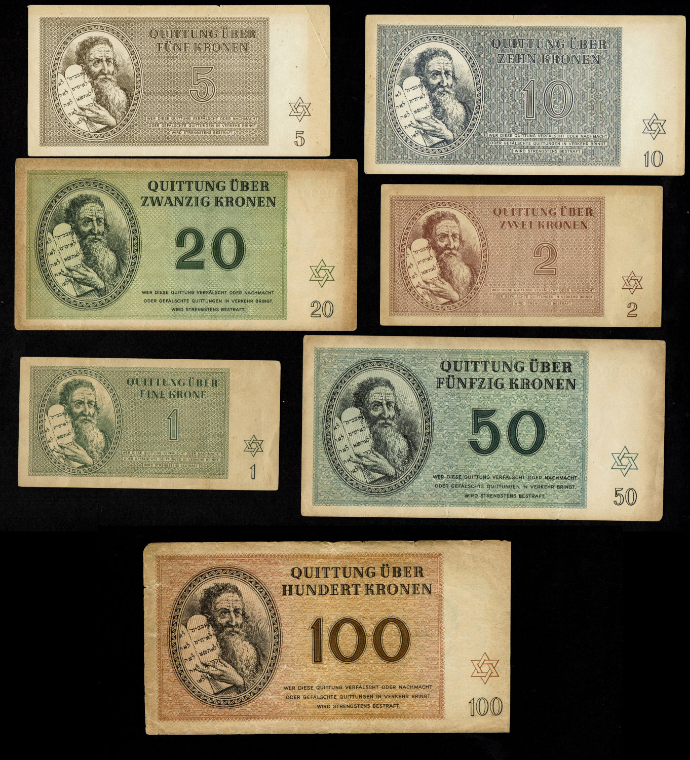 Czechoslovakia - 7 Banknotes 1-100 Kronen 1943 - Theresientadt Ghetto.
The first camp in which the ... - 1 0