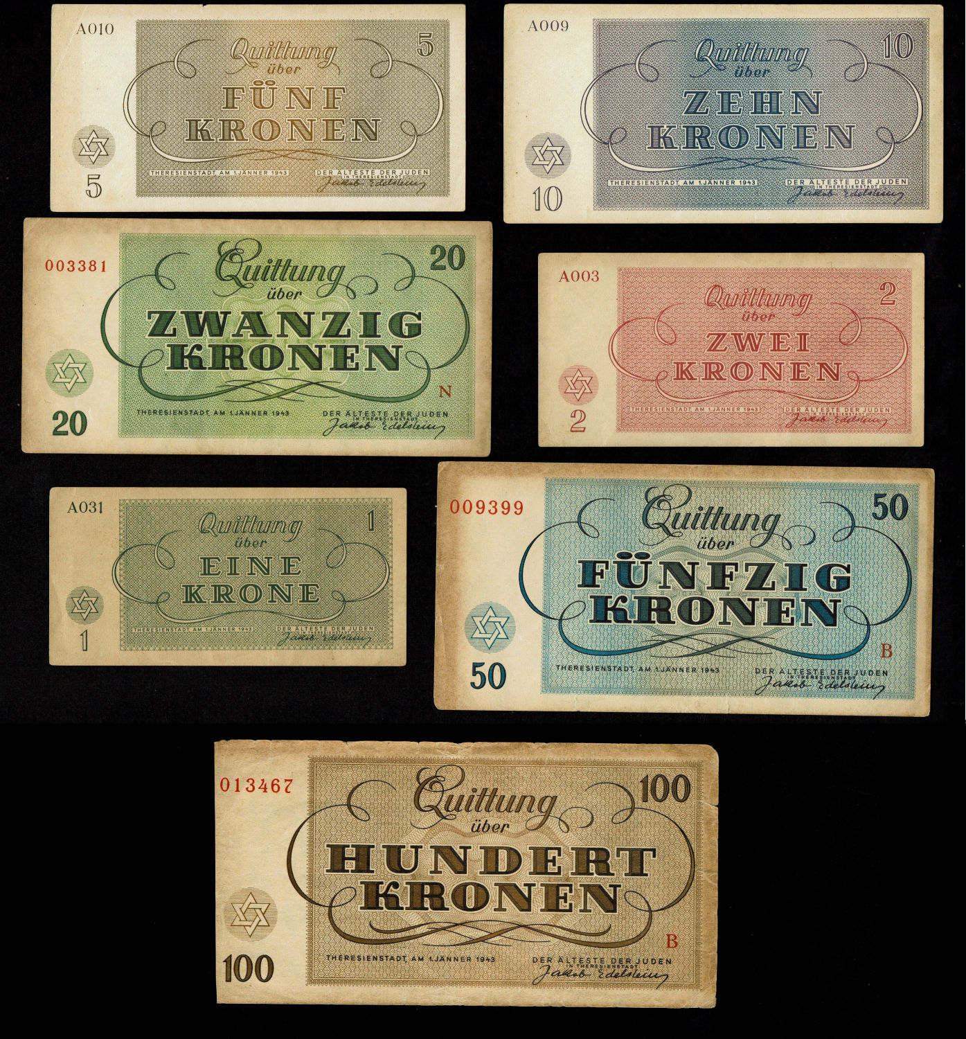 Czechoslovakia - 7 Banknotes 1-100 Kronen 1943 - Theresientadt Ghetto.
The first camp in which the ... - 1 1