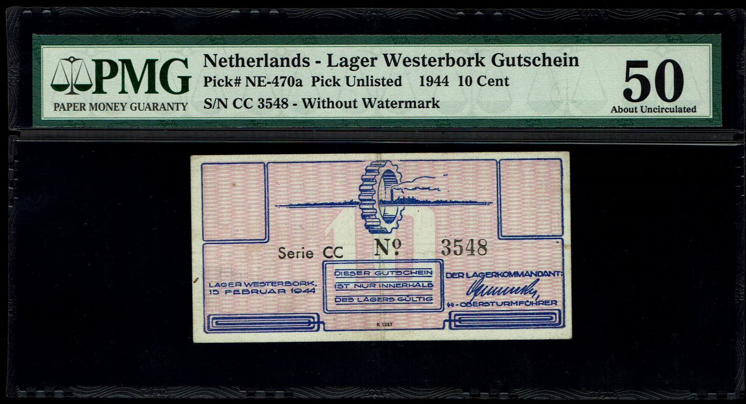 Netherlands - 10 cents 1944 - Westerbork camp - PMG AU 50
Westerbork voucher, acquired by Harry ... - 1 0