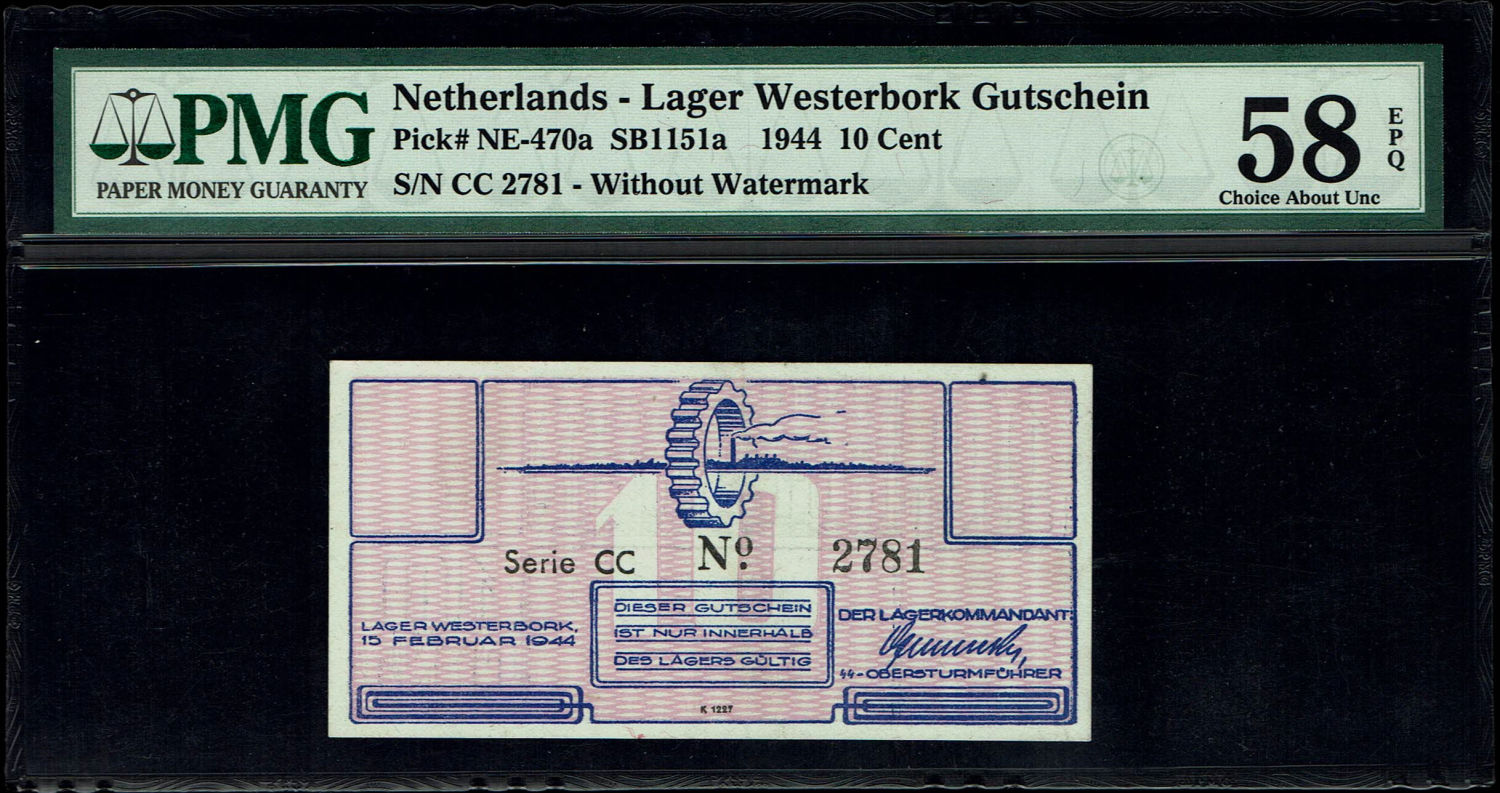 Netherlands - 10 cents 1944 - Westerbork camp - PMG AU 58
Westerbork voucher, acquired by Harry ... - 1 0