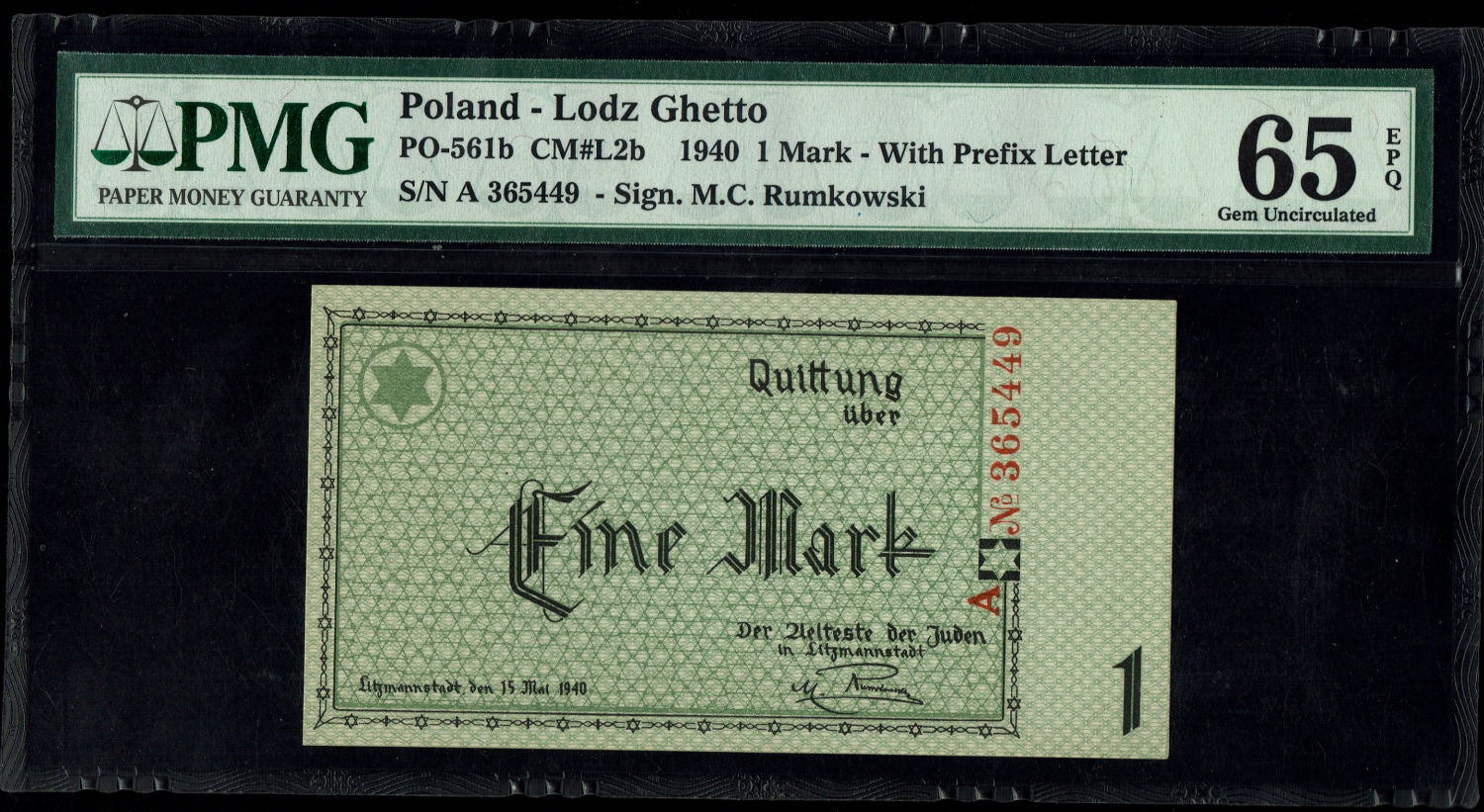 Poland - 1 mark 1940 - ghetto Lodz - PMG 65 EPQ
Banknote of 1 mark issued in the Lodz ghetto in ... - 1 0