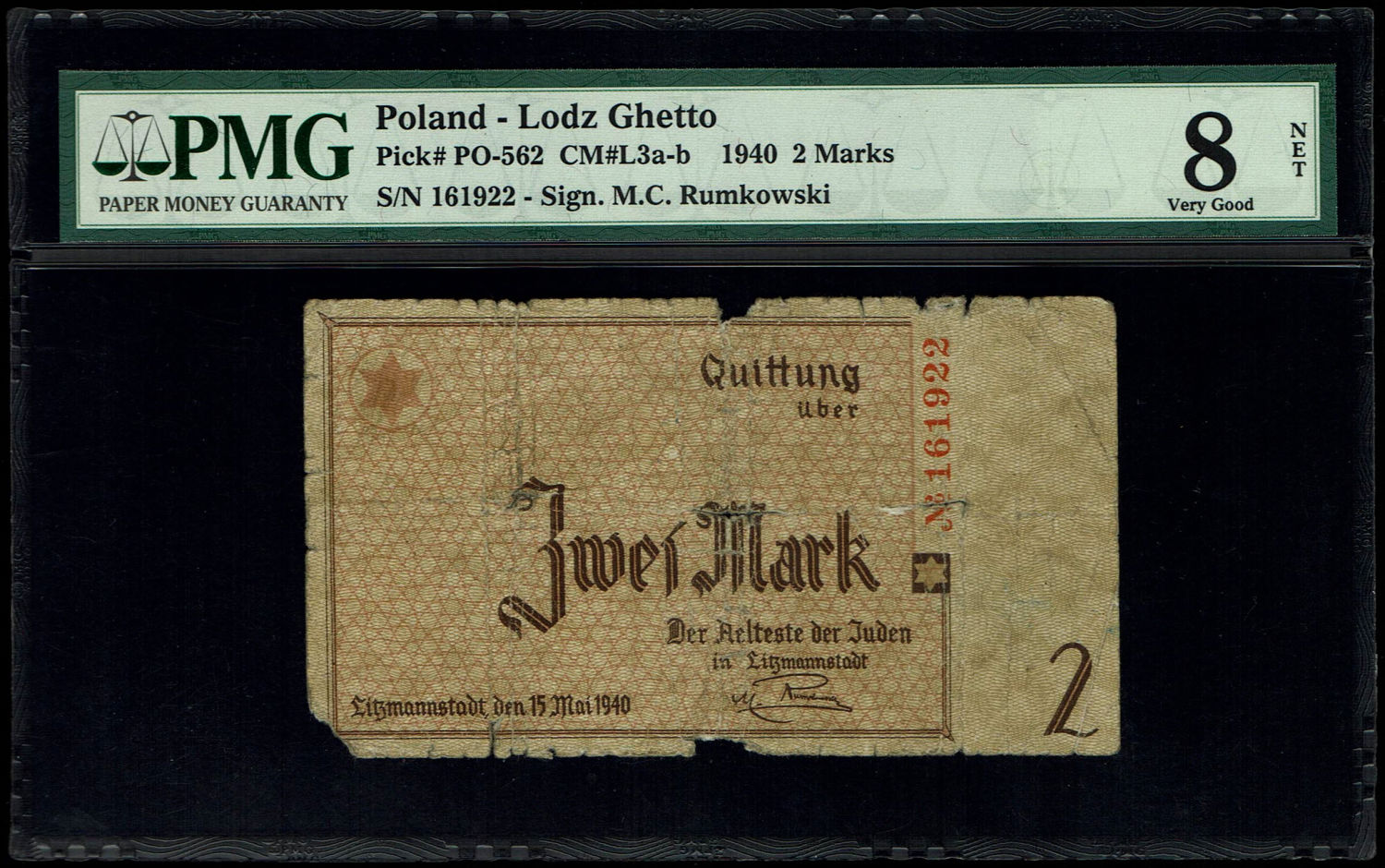 Poland - 2 mark 1940 - ghetto Lodz - PMG VG 8 NET
Banknote of 2 mark issued in the Lodz ghetto in ... - 1 0