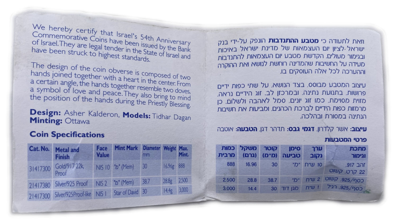 Israel - Volunteering , Independence Day 10 Shekels Coin 2002 - 54th Anniversary - Gold 916, 16.96g, 30mm - ... - 1 4
