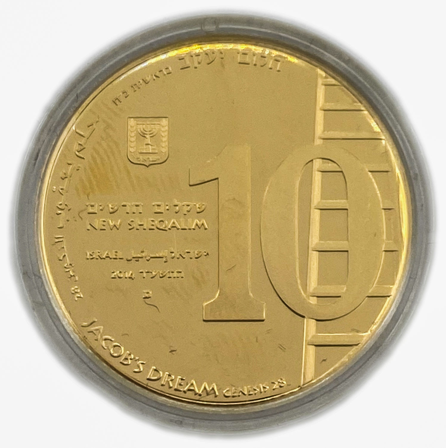 Israel - Jacob's Dream - 10 Shekels 2014 - Gold 917, 16.96g, 30mm - Mintage 555
BIBLICAL ART COIN ... - 1 0