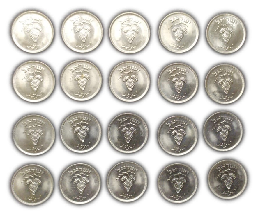Israel - 20 coins of 25 P ruta 1954 - UNC
Face: The denomination "25 Pruta" and the date in Hebrew; ... - 1 2