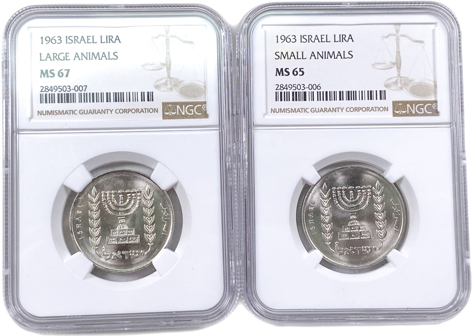 Israel - Pair of 2 Coins, 1 Lira 1963 - "Small Animals" and " Large Animals" - NGC MS 65 ... - 1 0