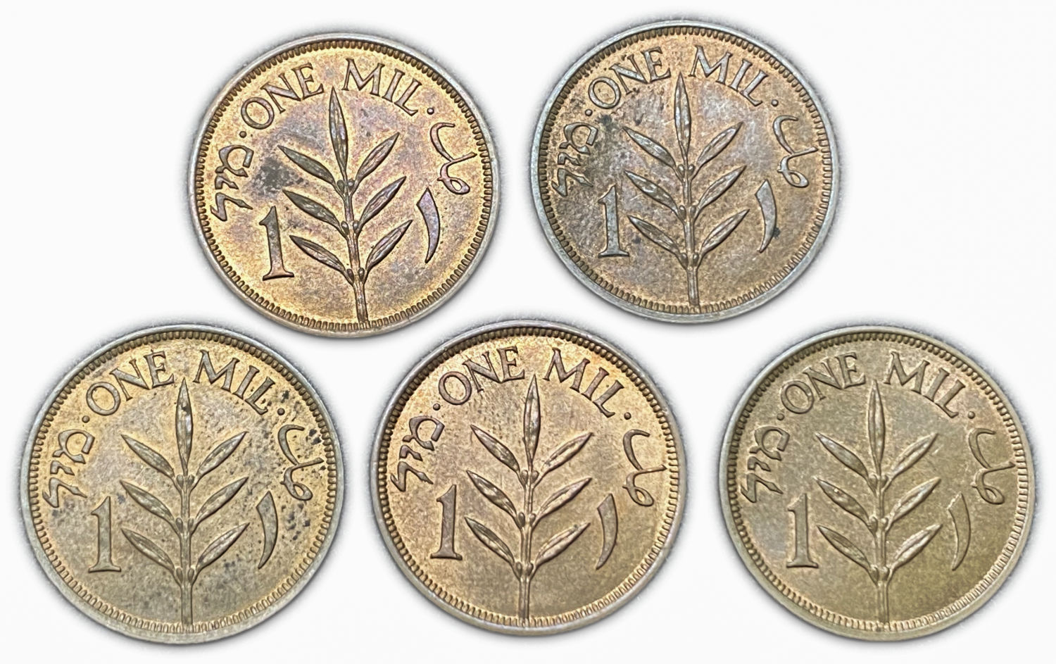Palestine - Lot of 5 coins of 1 Mil 1944 - UNC
MIL, was the Hebrew name of the coin that was legal ... - 1 1