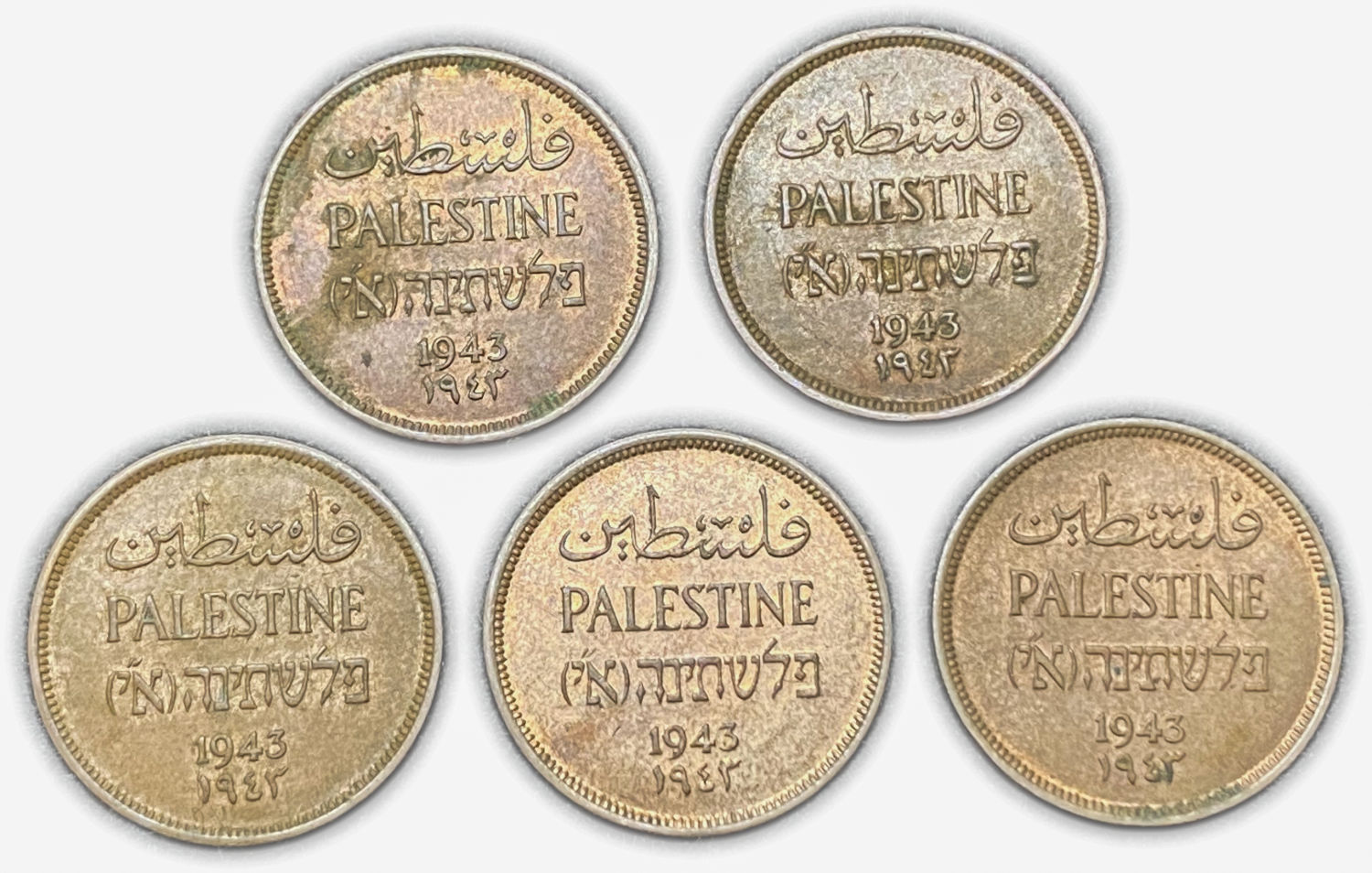 Palestine - Lot of 5 coins of 1 Mil 1943 - AU-UNC
MIL, was the Hebrew name of ... - 1 0