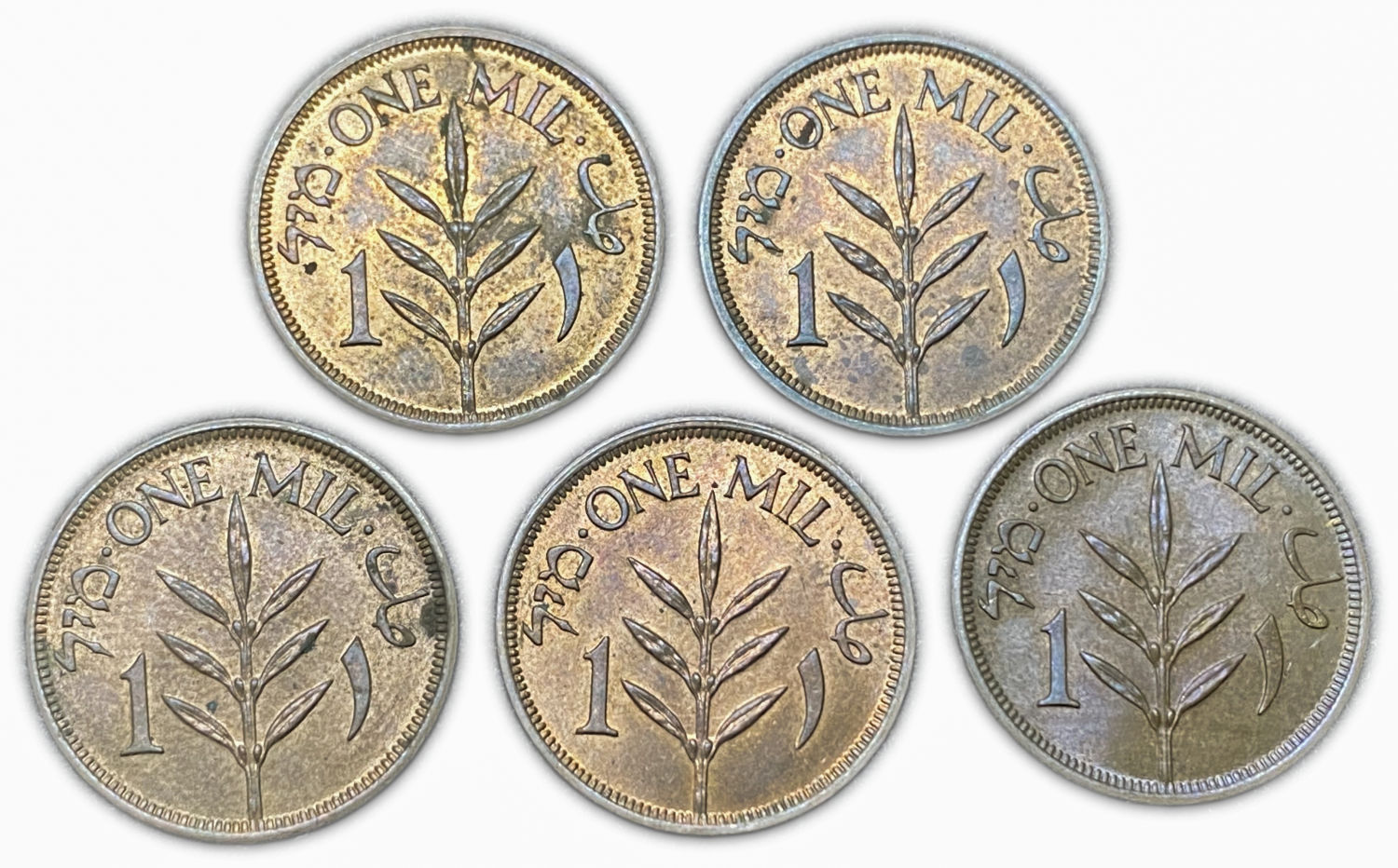 Palestine - Lot of 5 coins of 1 Mil 1946 - UNC
MIL, was the Hebrew name of the coin that was ... - 1 1