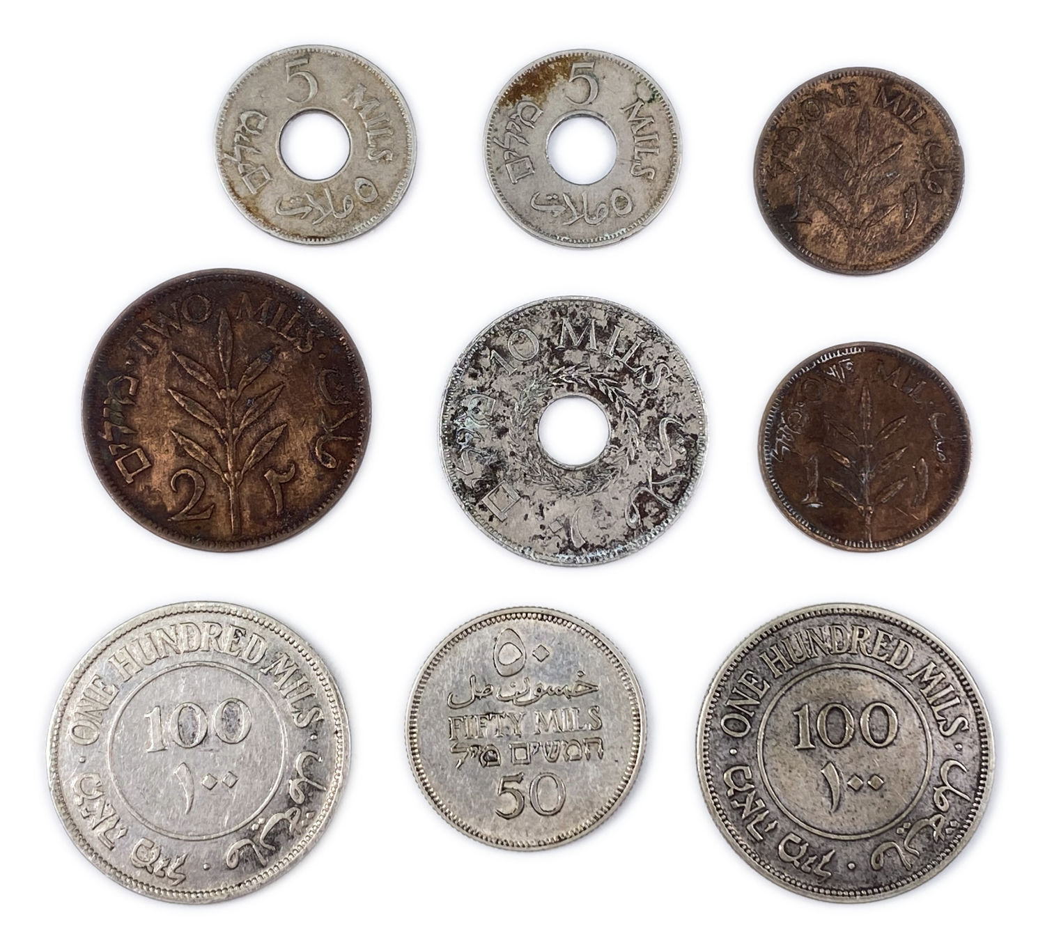 Palestine - Lot of 9 mandate coins - 1, 2, 5, 10, 50 AND 100 Mils, Diffrent years - F-VF
MIL ... - 1 1