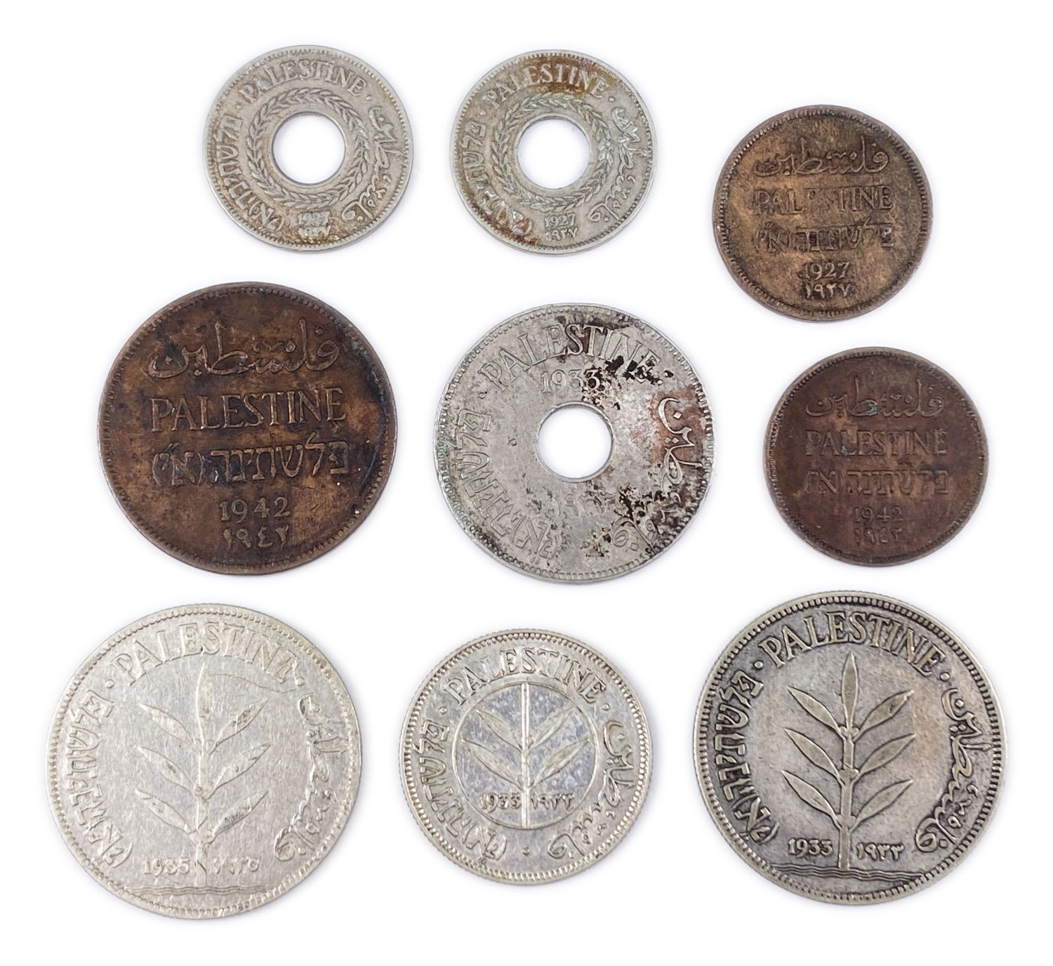 Palestine - Lot of 9 mandate coins - 1, 2, 5, 10, 50 AND 100 Mils, Diffrent years - F-VF
MIL ... - 1 0