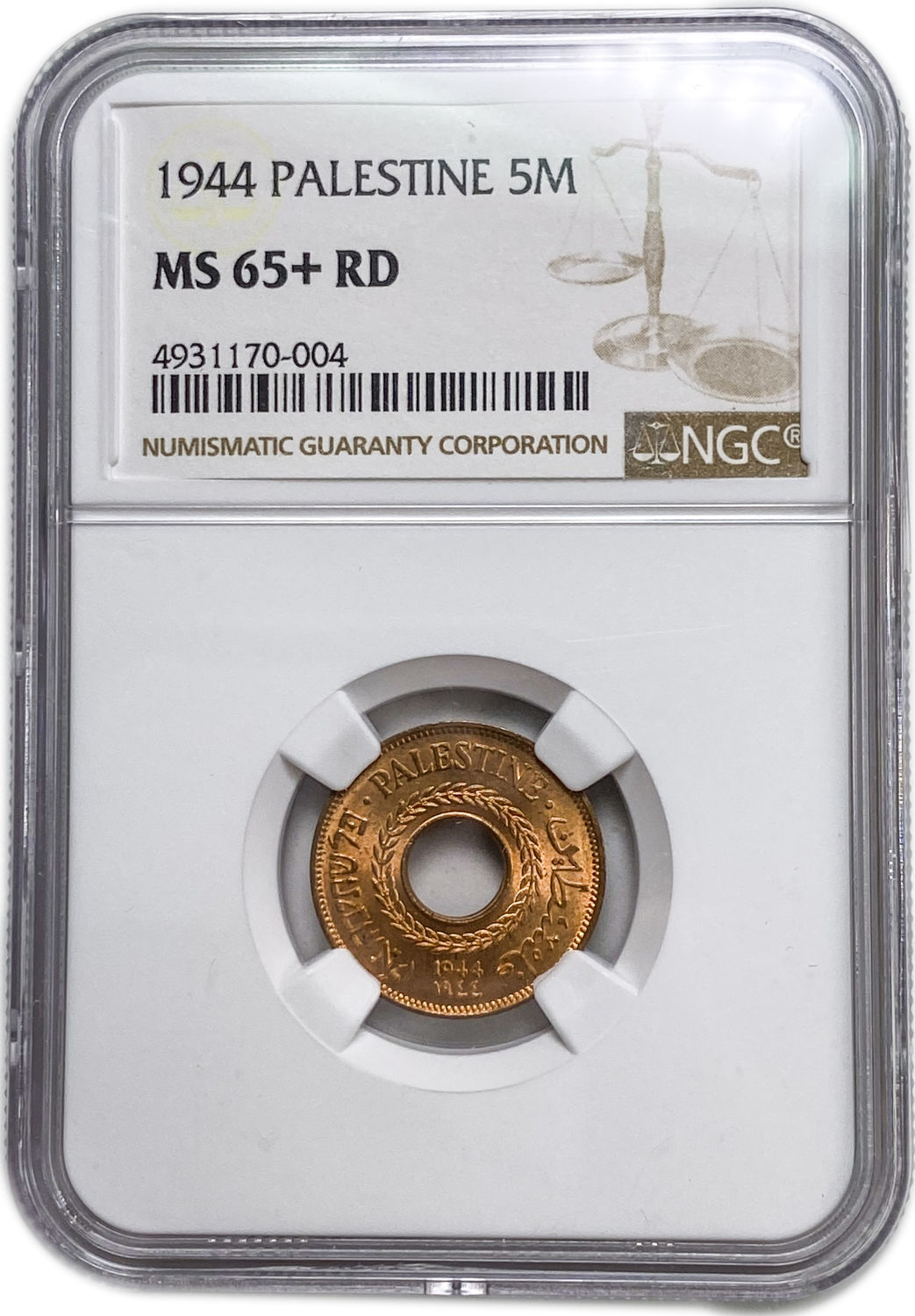 Palestine - 5 Mils 1944 - The highest grade in the world, Very Rare - NGC MS 65+ RD
MIL, was the ... - 1 2