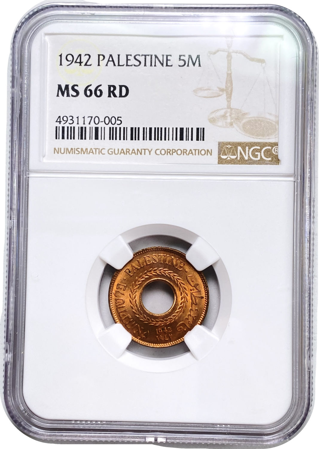 Palestine - 5 Mils 1942 Copper - The highest grade in the world, very rare - NGC MS 66 RD
MIL ... - 1 2
