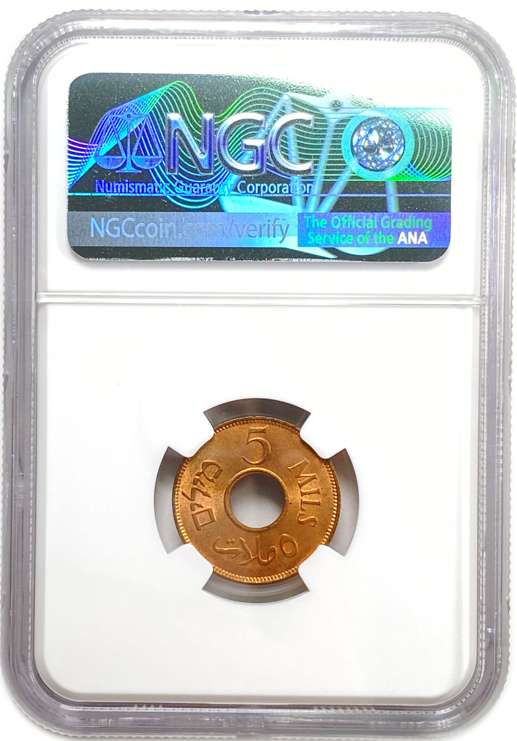 Palestine - 5 Mils 1944 - Very high grade - NGC MS 65 RD
MIL, was the Hebrew name of the coin that ... - 1 3