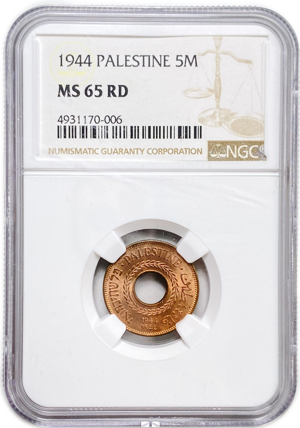 Palestine - 5 Mils 1944 - Very high grade - NGC MS 65 RD
MIL, was the Hebrew name of the coin that ... - 1 2