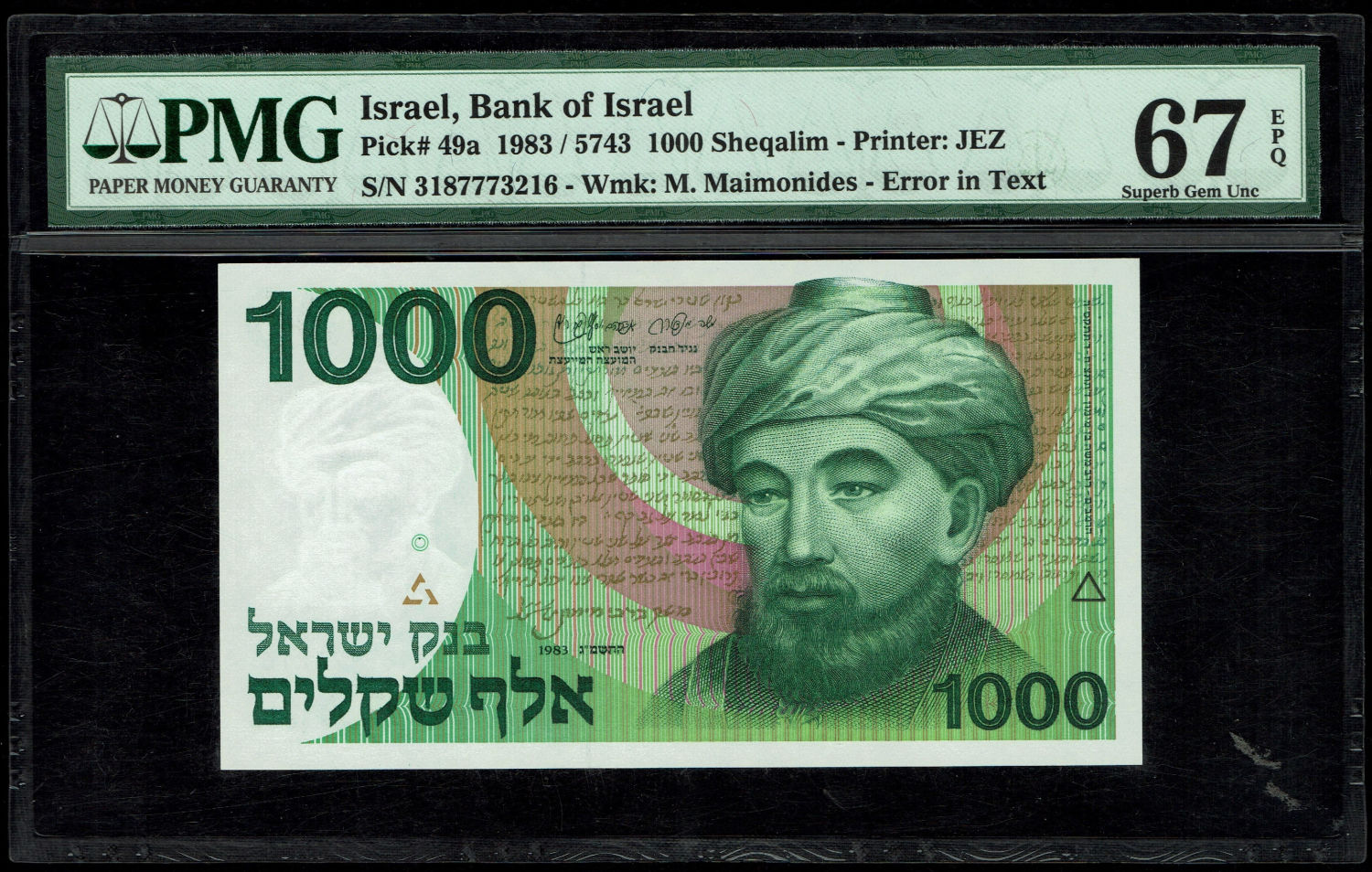 Israel - 1000 Shekels 1983 - "Rarav"  - PMG 67 EPQ
One can see on the front of the note a ... - 1 0