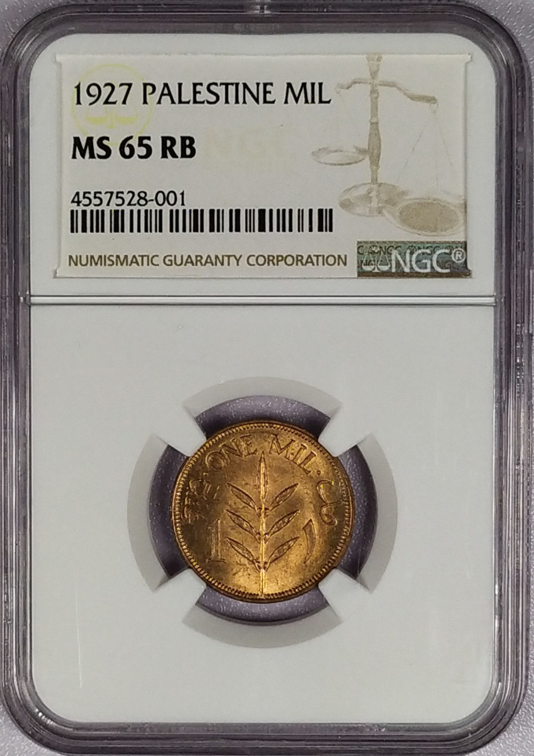 Palestine - 1 Mil 1927 - NGC 65 RB - 1 2