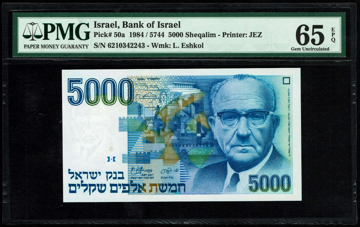 Israel - 5,000 Shekels 1984 - PMG 65 EPQ
The shekel series replaced the Israeli pound and includes ... - 1 0