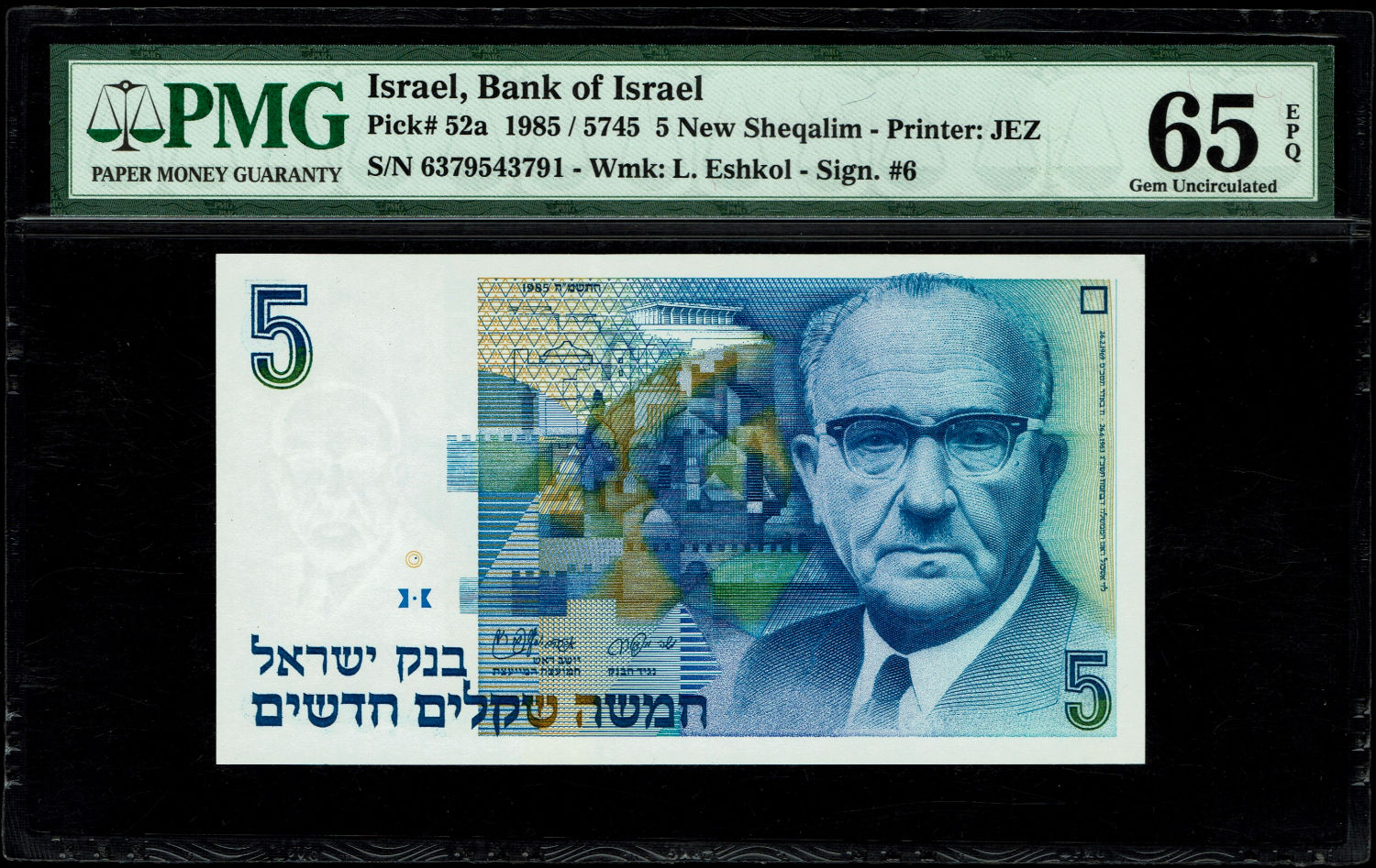 Israel - 5 New Shekel 1985 - PMG 65 EPQ
In 1985, following high inflation, it was decided to replace ... - 1 0