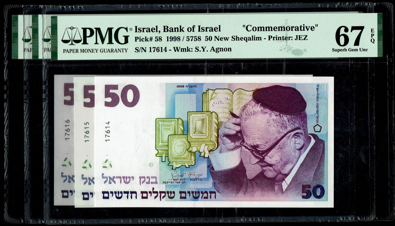 Israel - 3 Banknotes of 50 Shekels 1998 - "50 years" - Consecutive - PMG 67, 64 EPQ
Special ... - 1 0
