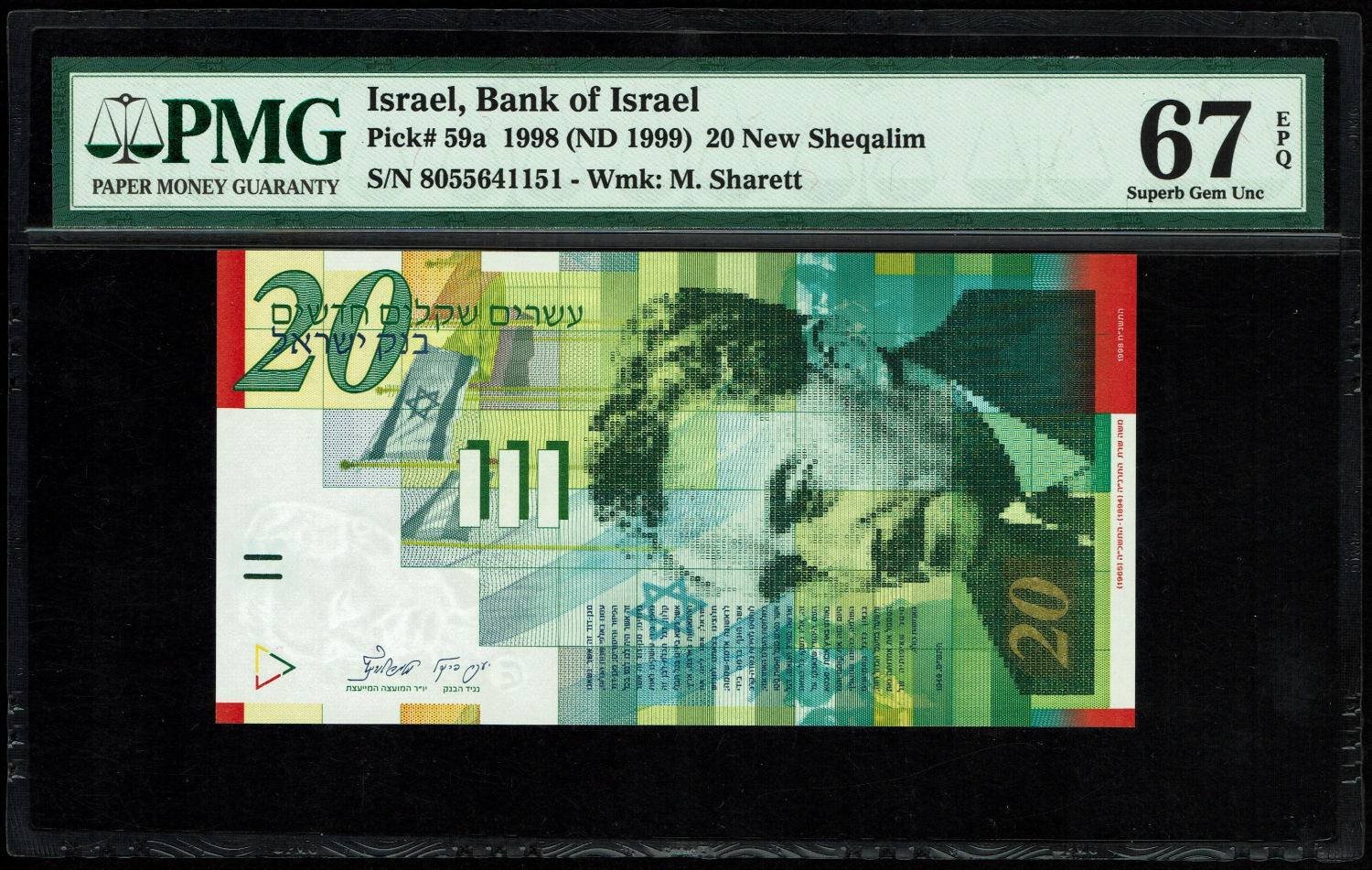 Israel - 20 New Shekels 1998 - PMG 67 EPQ
Front: Portrait of Moshe Sharett, picture of the ceremony ... - 1 0