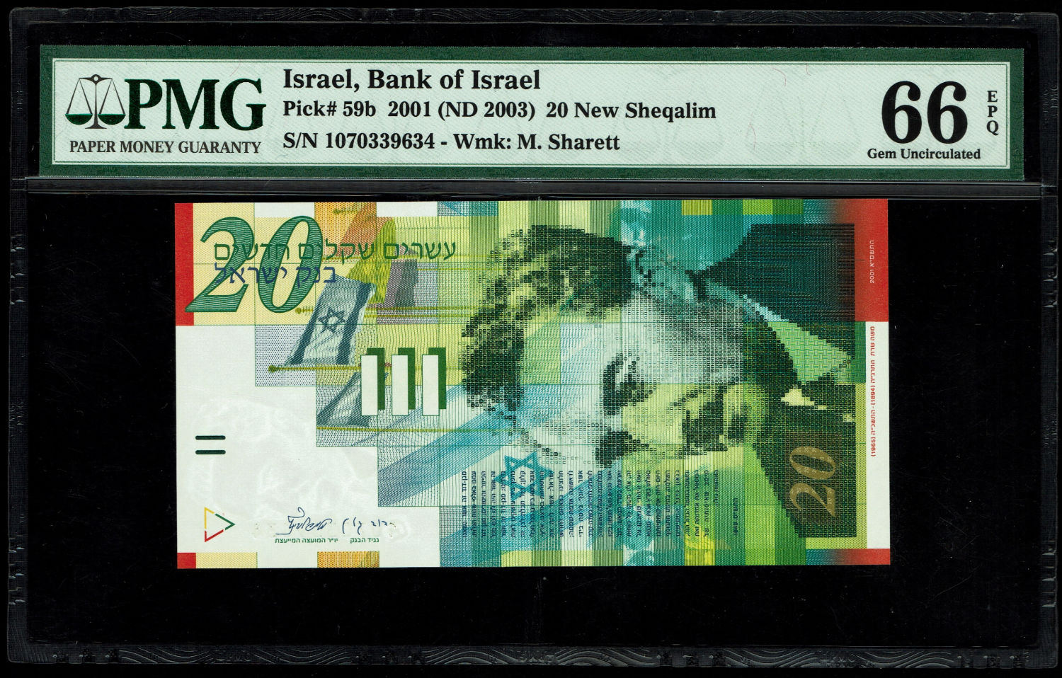 Israel - 20 New Shekels 2001 - PMG 66 EPQ
Front: Portrait of Moshe Sharett, picture ... - 1 0