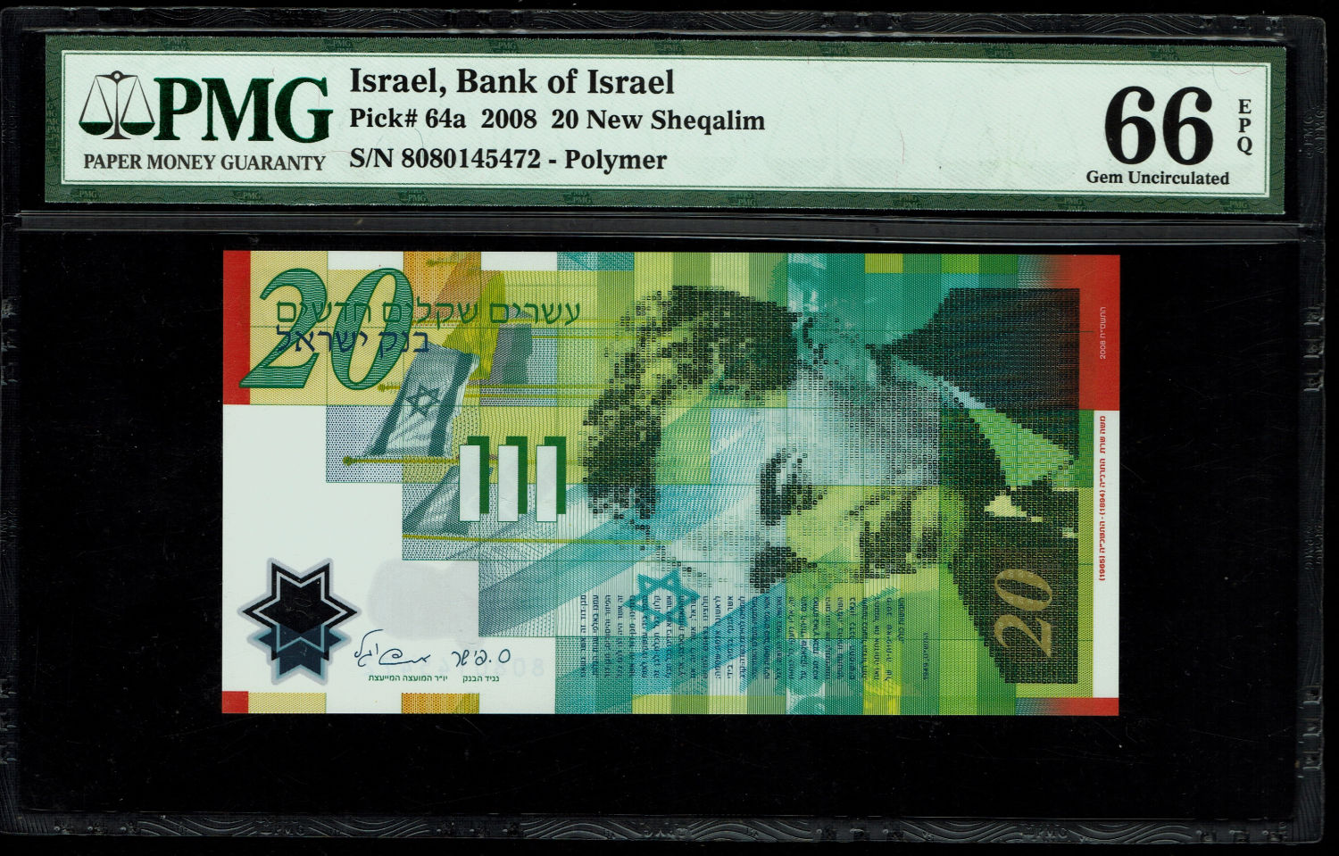 Israel - 20 New Shekels 2008 - "Polymer" - PMG 66 EPQ
Front: Portrait of Moshe Sharett, picture of ... - 1 0