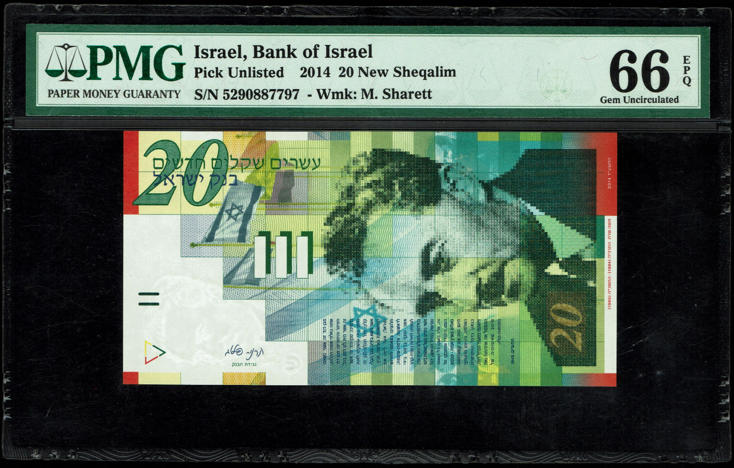 Israel - 20 New Shekels 2014 - PMG 66 EPQ
Front: Portrait of Moshe Sharett, picture of the ... - 1 0