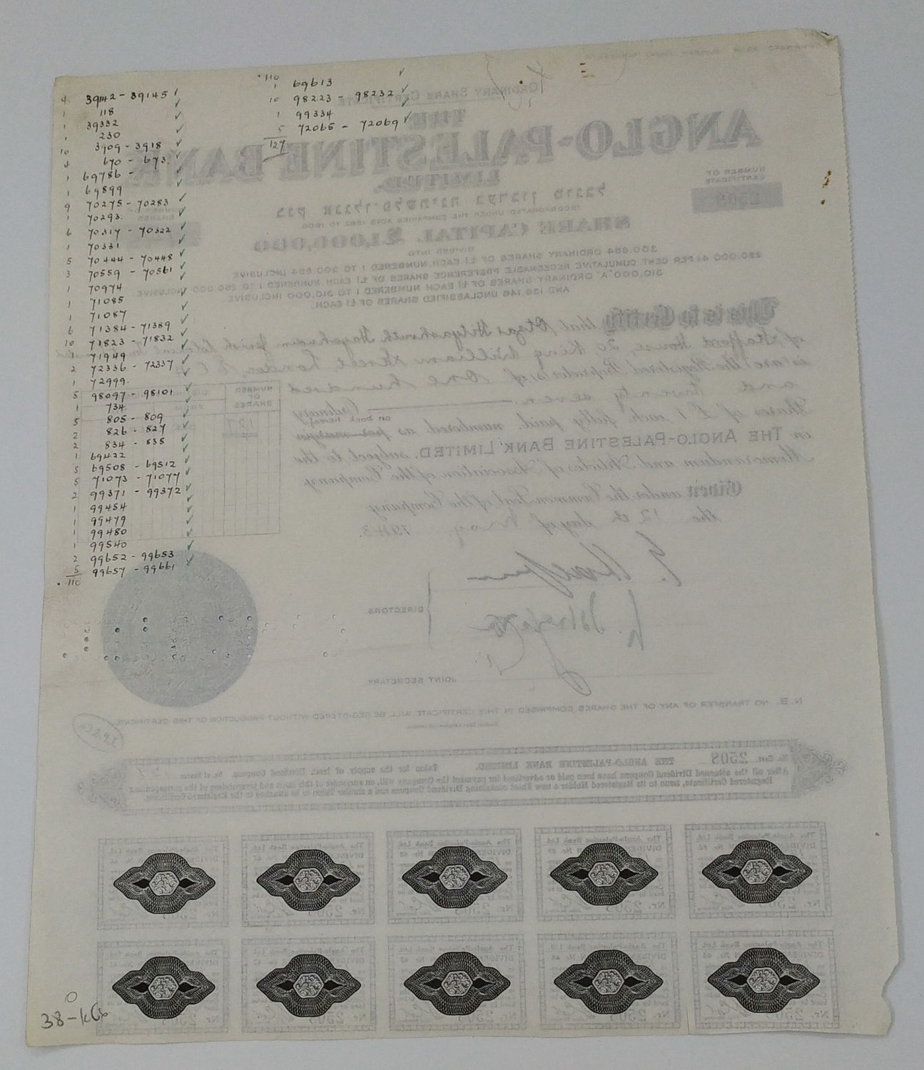 Palestine - Share of Anglo Palestine Bank 1943 - 1 1