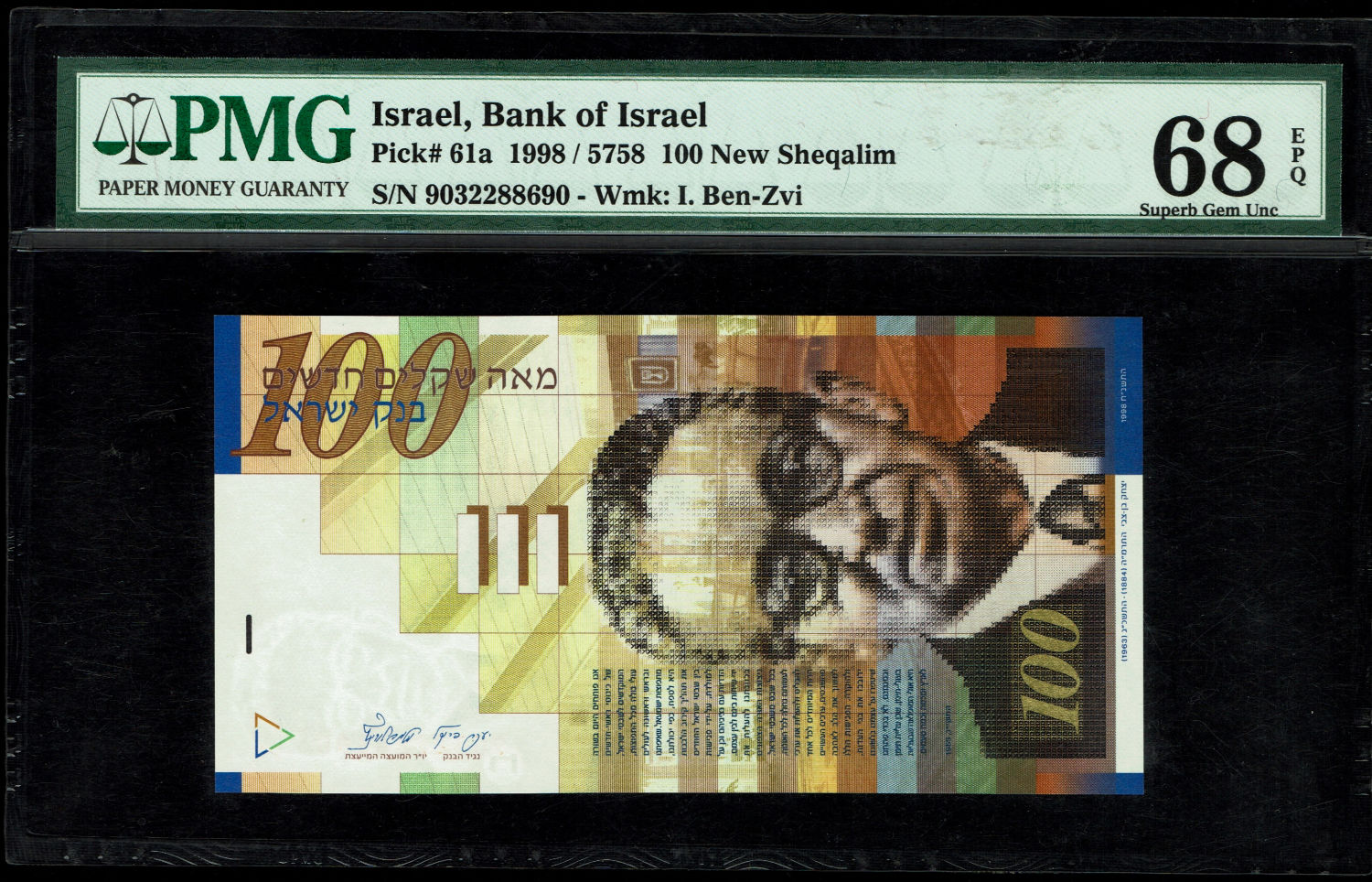 Israel - 100 Shekels 1998 - PMG 68 EPQ
Front side: Portrait of Itzhak Ben-Zvi; picture of the ... - 1 0