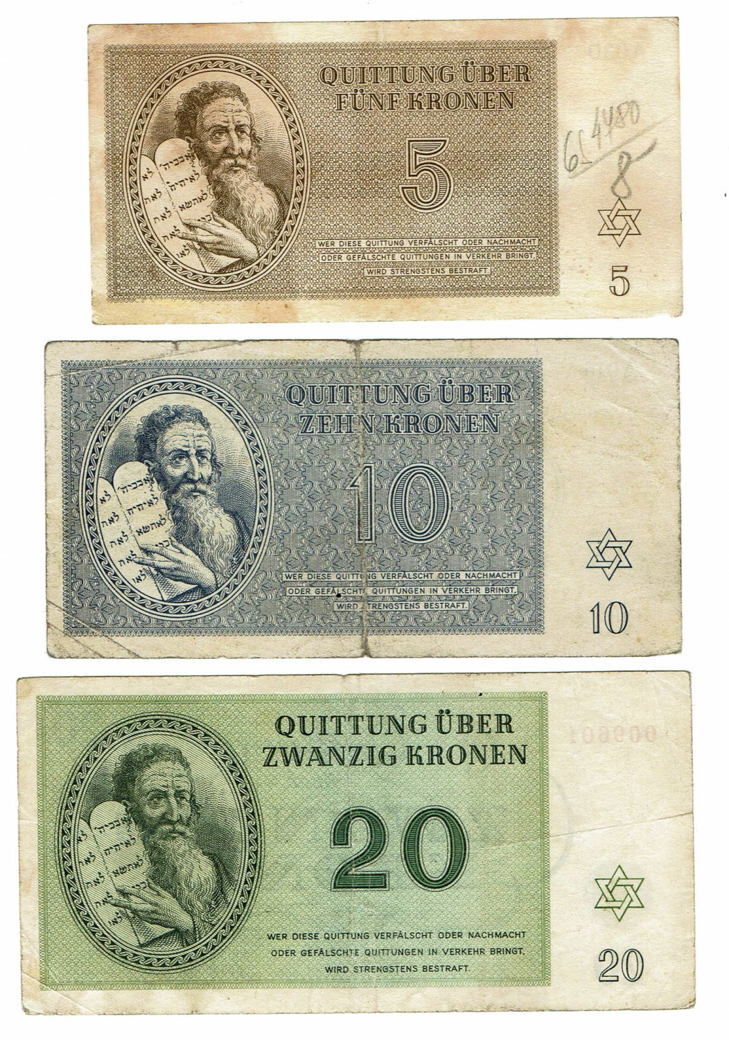 Czechoslovakia - 7 Banknotes 5, 10 and 20 Kronen 1943 - Theresientadt Ghetto. - 1 0