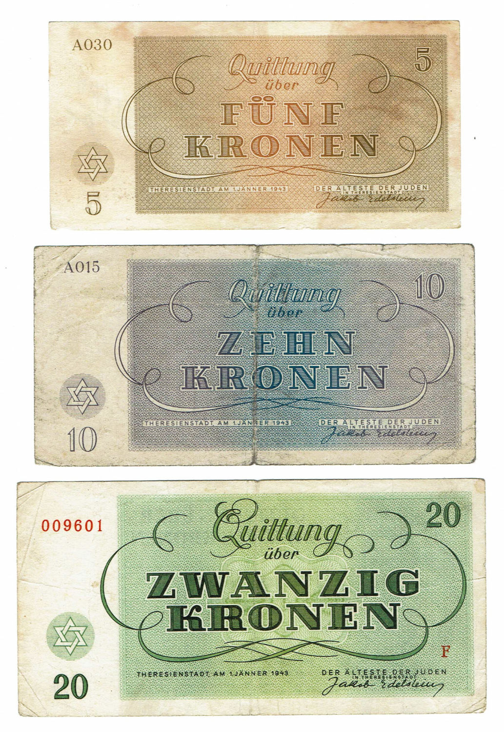 Czechoslovakia - 7 Banknotes 5, 10 and 20 Kronen 1943 - Theresientadt Ghetto. - 1 1