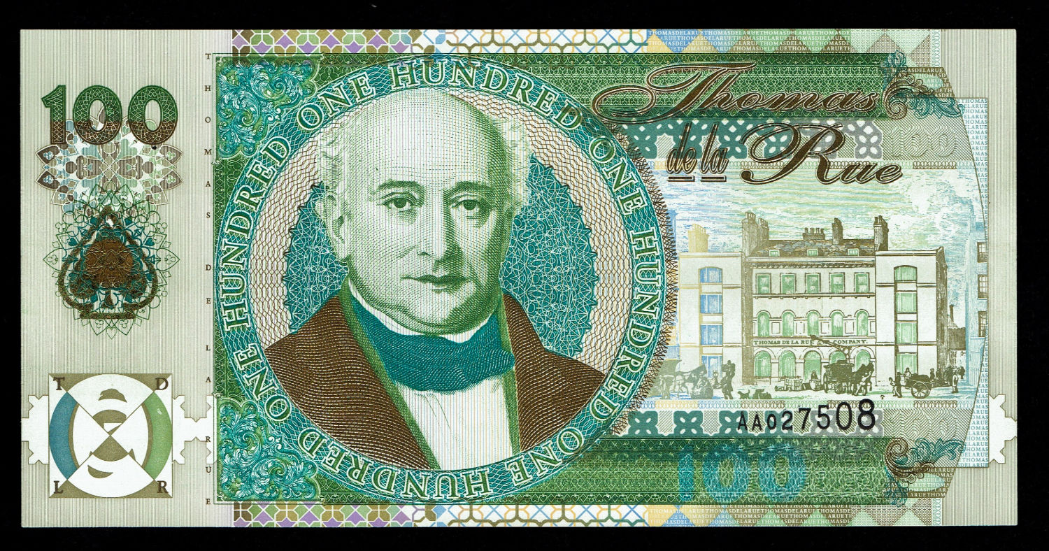 De La Rue 100 Banknote, Commemorative note - 1995
One side adorned by an image of Thomas De La Rue ... - 1 0