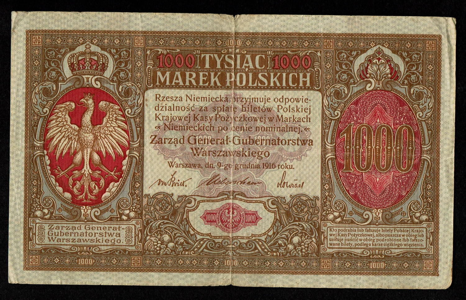 Poland - 1000 Marks 1916 - World War I, German occupation of Poland
The marka was the unit of ... - 1 0