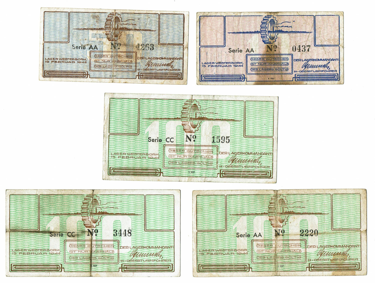Netherlands - Lot 5 banknotes of 10, 50 and 100 cents 1944 - Westerbork camp - VF - 1 0