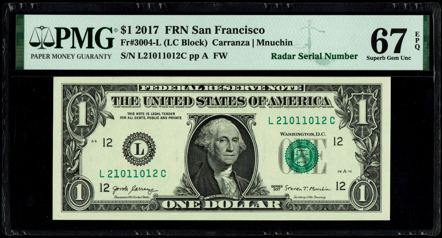 USA - 1 Dollar 2017 Banknote - Radar Serial Number - "1012" "2101" - PMG 67 EPQ - 1 0