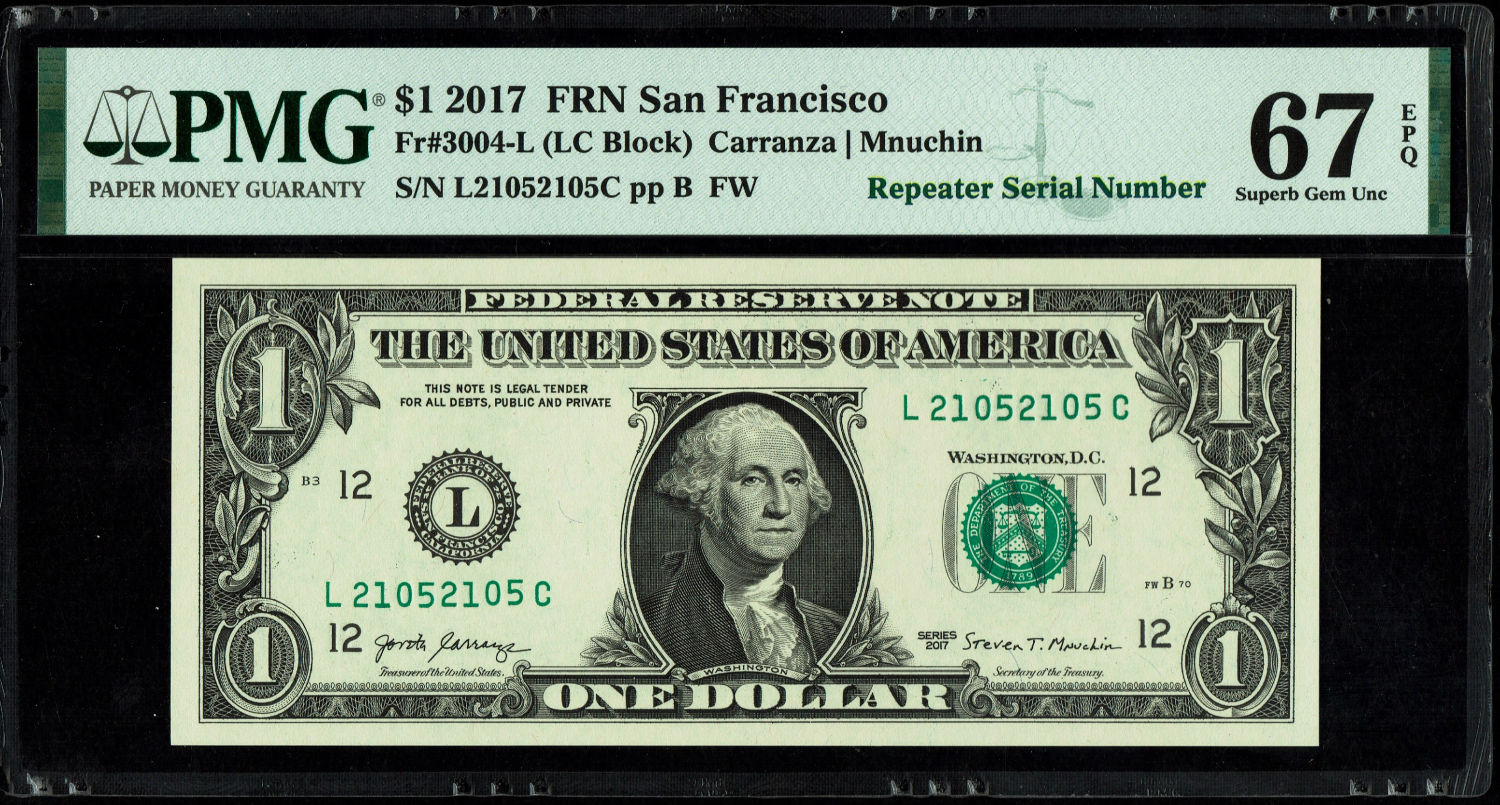 USA - 1 Dollar 2017 Banknote - Repeater Serial Number - "2105", "2105" - PMG 67 EPQ - 1 0