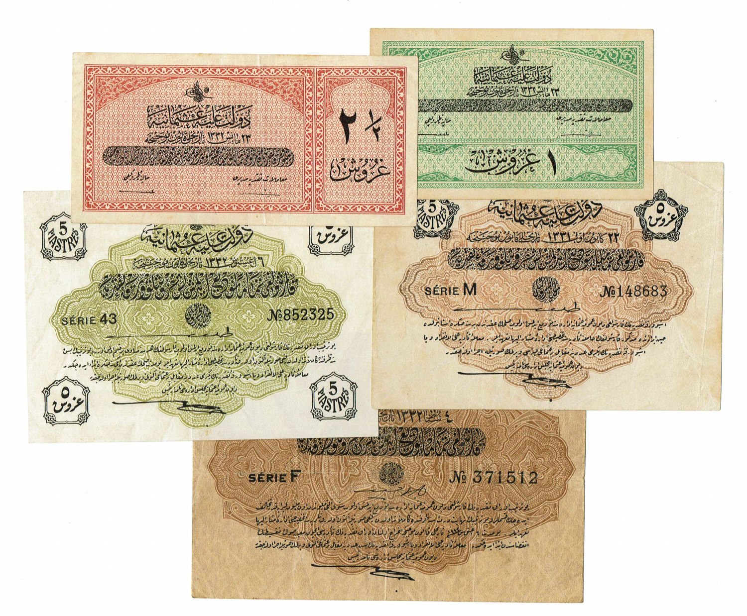 Turkey - Ottoman Empire - Lot of 5 banknotes in values 1/2, 1, 5 and 20 Pounds - VF - 1 0