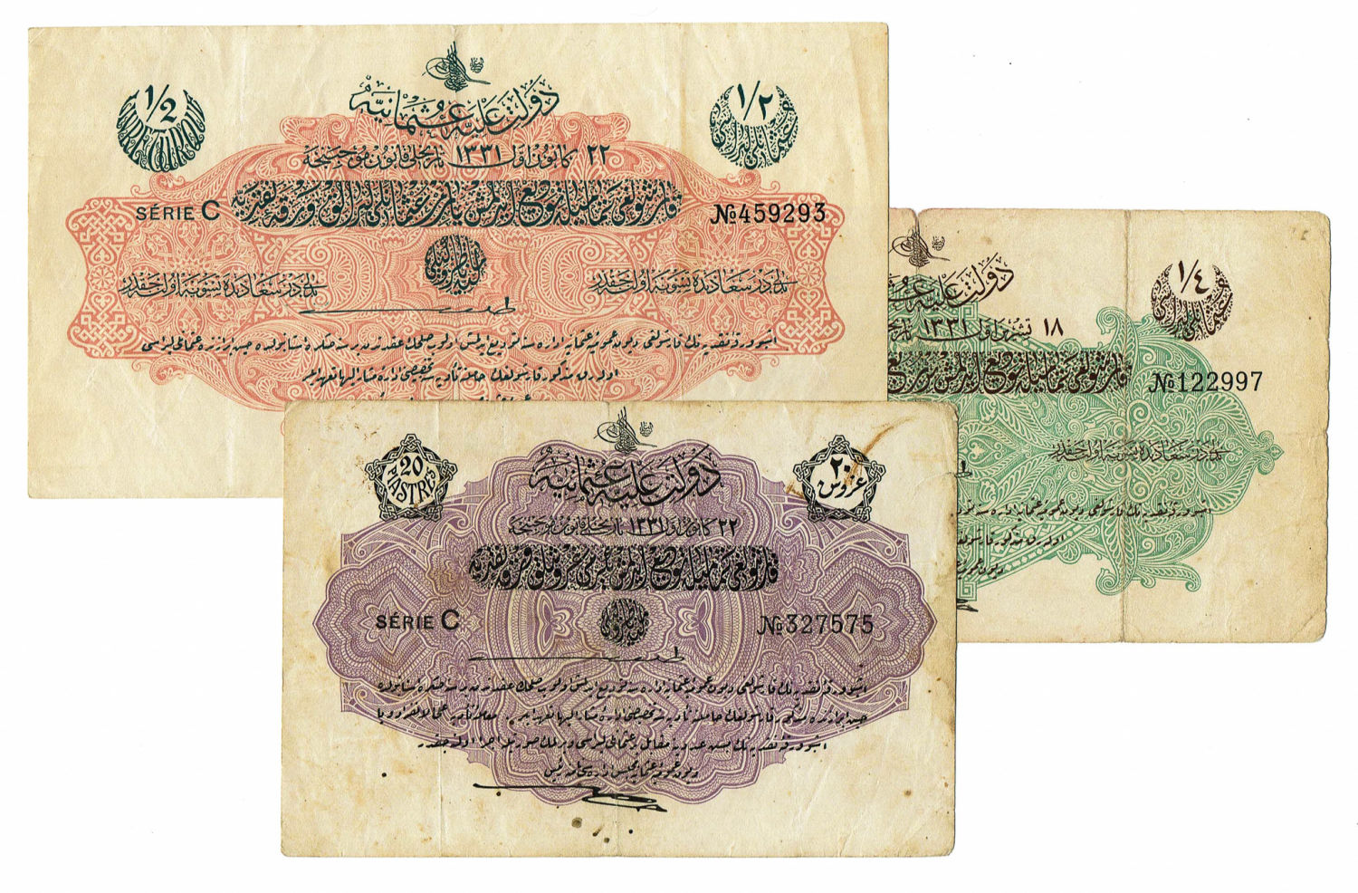 Turkey - Ottoman Empire - Lot of 3 banknotes in values 1/4, 1/2 and 20 Piasters - VF - 1 0