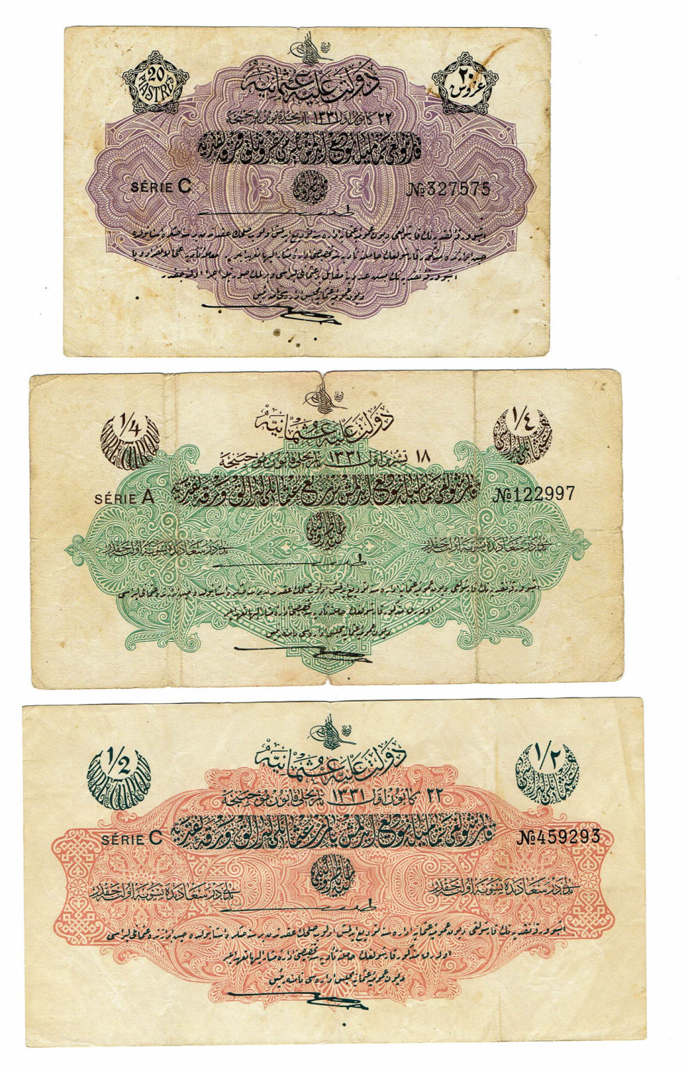 Turkey - Ottoman Empire - Lot of 3 banknotes in values 1/4, 1/2 and 20 Piasters - VF - 1 1