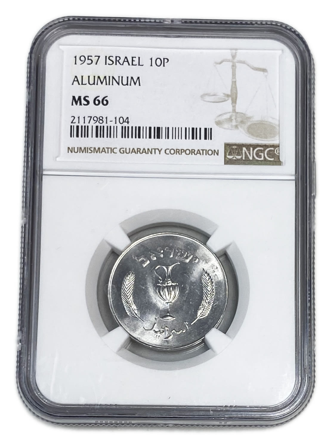 Israel - 10 Peruta 1957 - NGC MS 66
Interior: pitcher with 2 handles; The word "Israel" in Hebrew and ... - 1 2