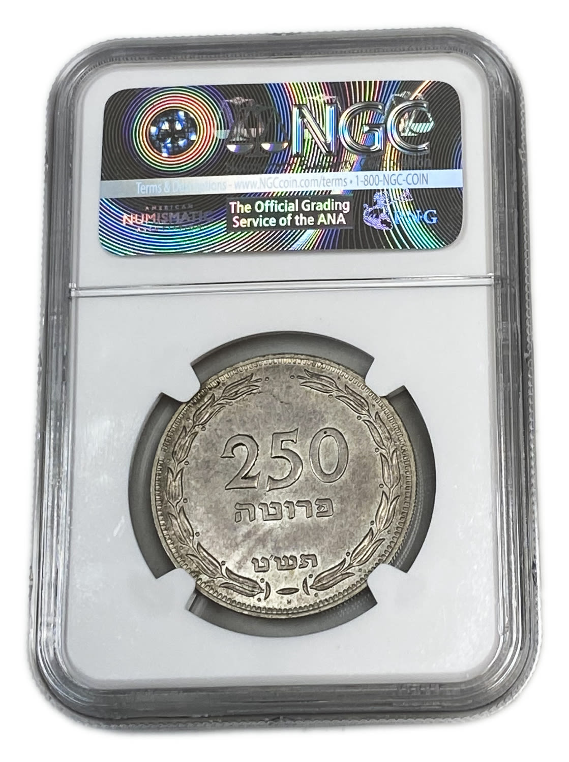 Israel - 250 Pruta 1949 Coin - SILVER ("H") - NGC UNC DETAILS
Obverse: The denomination "250 Pruta" ... - 1 3