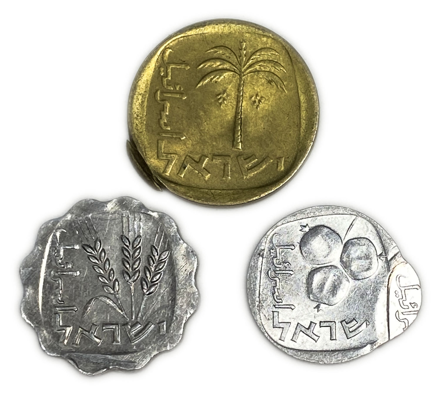 Israel - Lot of 3 coins, 1, 5 and 10 Agorot 1974, 1975, 1977 - mint errors, double minting - 1 1