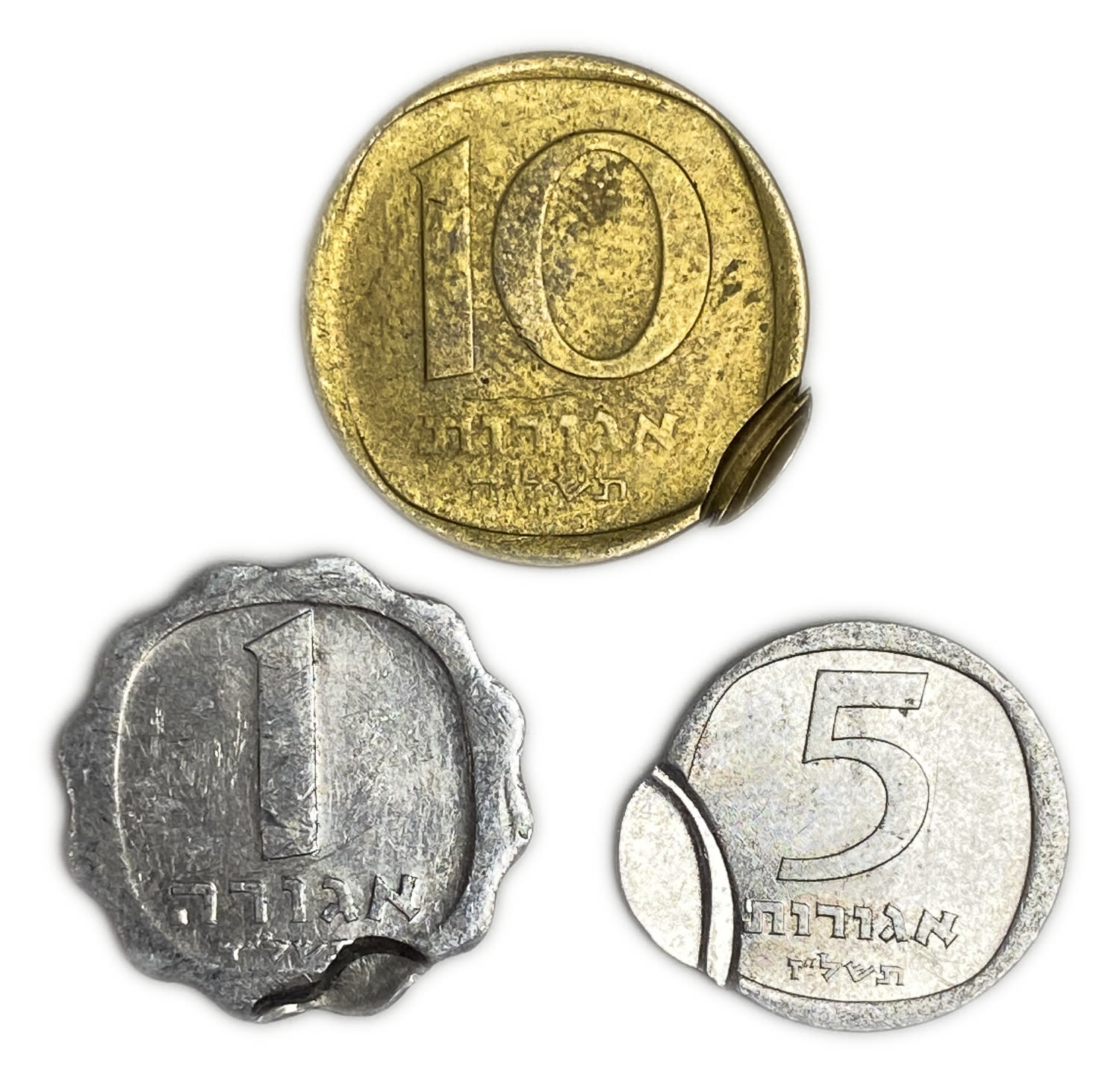 Israel - Lot of 3 coins, 1, 5 and 10 Agorot 1974, 1975, 1977 - mint errors, double minting - 1 0