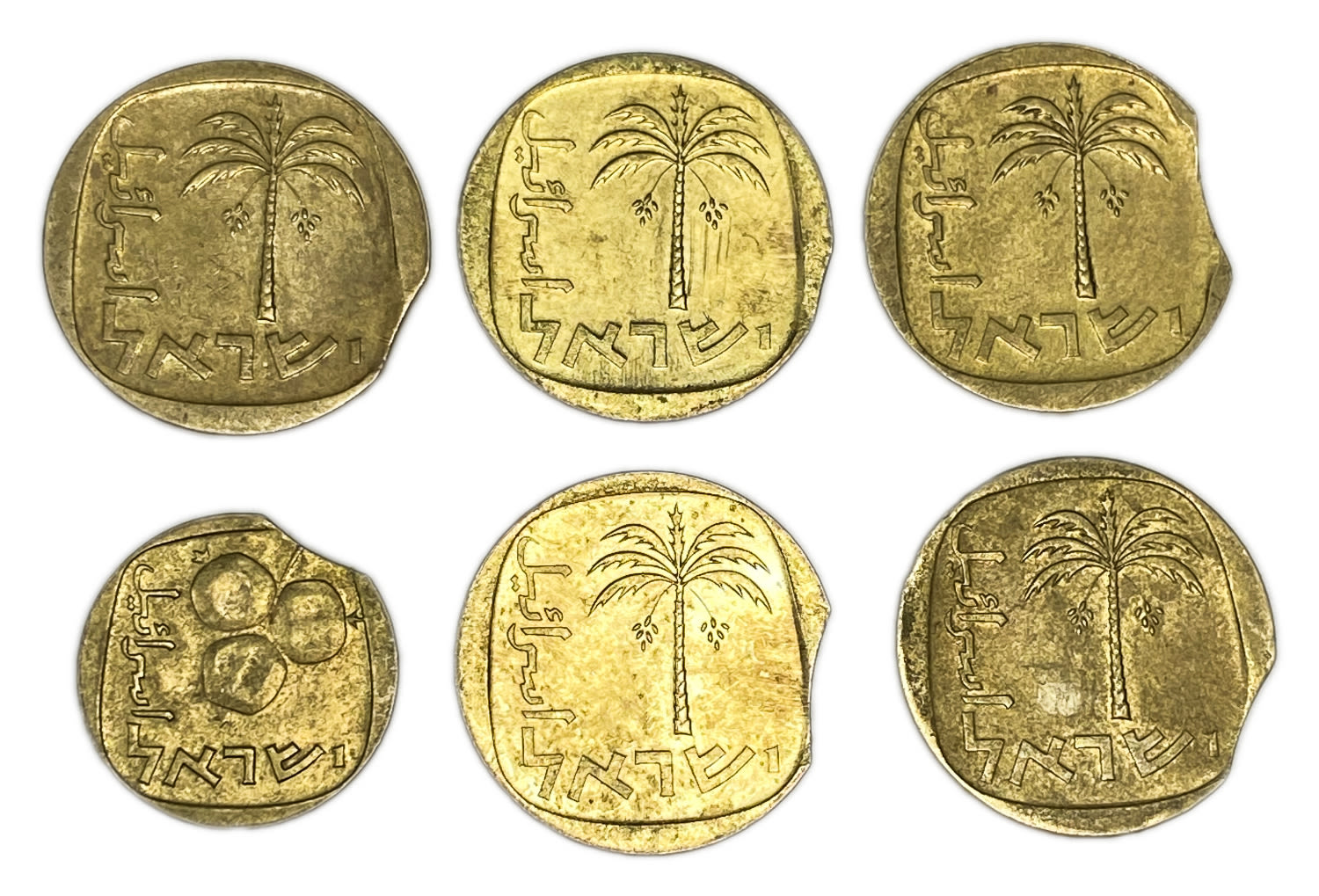 Israel - Lot of 6 coins of 5 and 10 agorot 1973, 1974 - Minting Error - Clip Die - 1 1