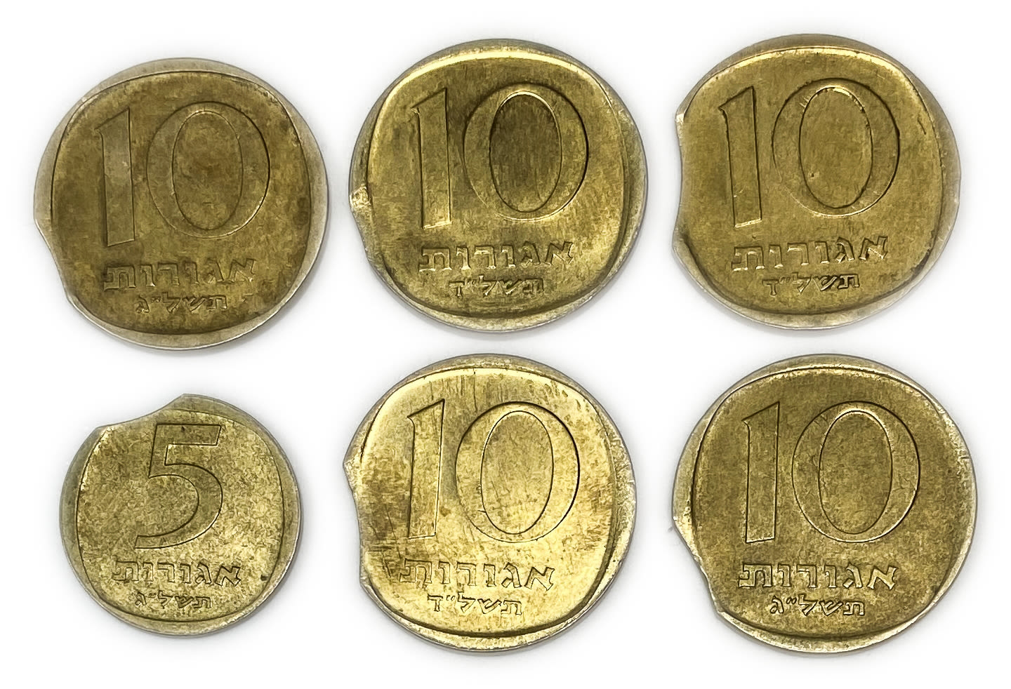 Israel - Lot of 6 coins of 5 and 10 agorot 1973, 1974 - Minting Error - Clip Die - 1 0