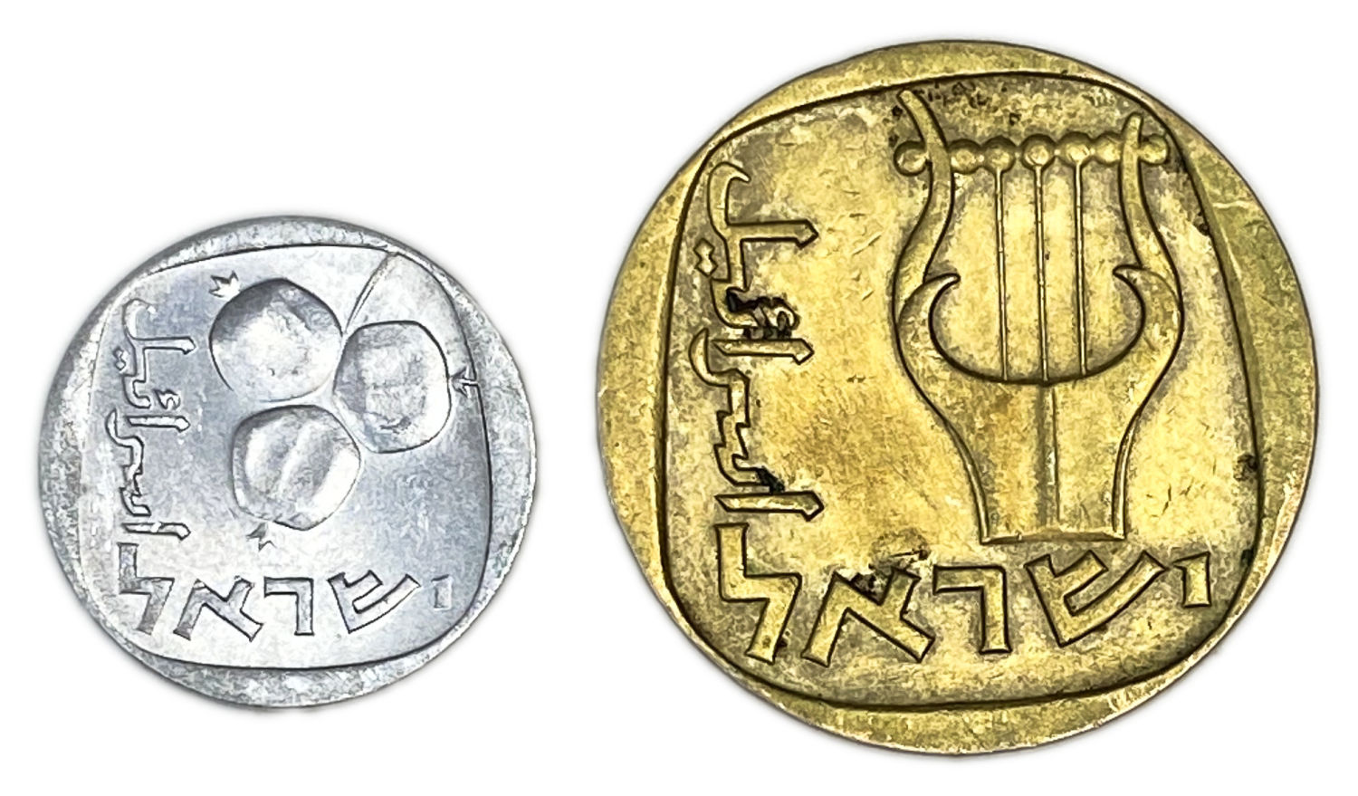 Israel - pair of 5 and 25 Agora coins 1961, 1976 - Mint Error - Rotated 45 degrees to the right and left - 1 1