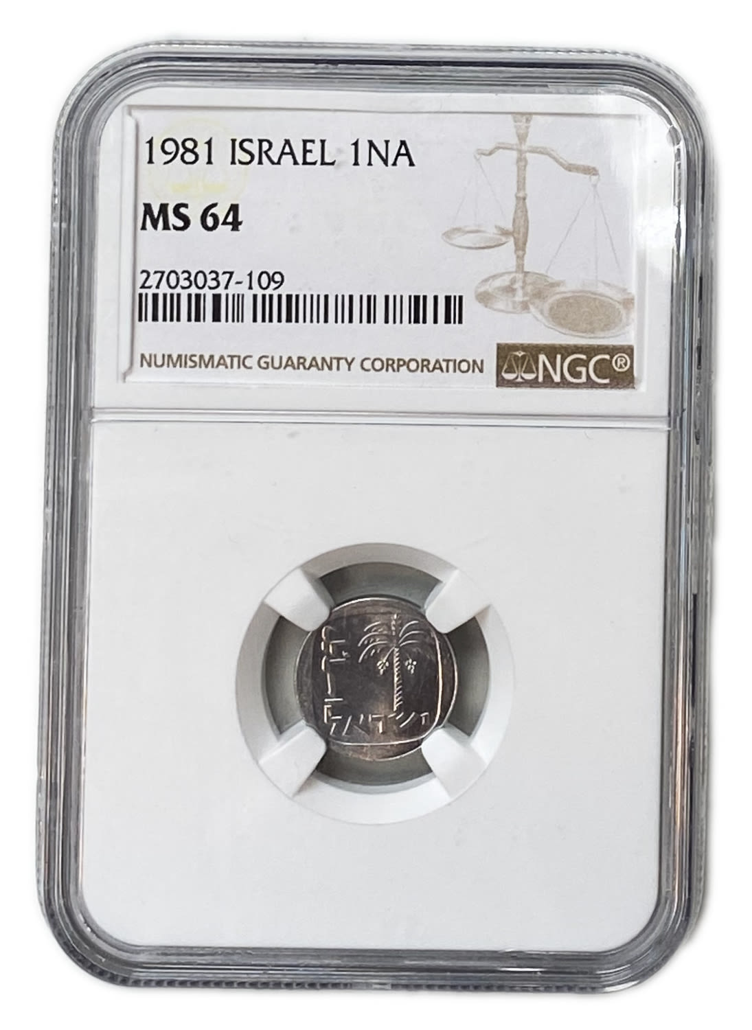 Israel - 1 Agora 1981 - NGC MS 64
Obverse:Palm tree; "Israel" in Hebrew and Arabic. ... - 1 2