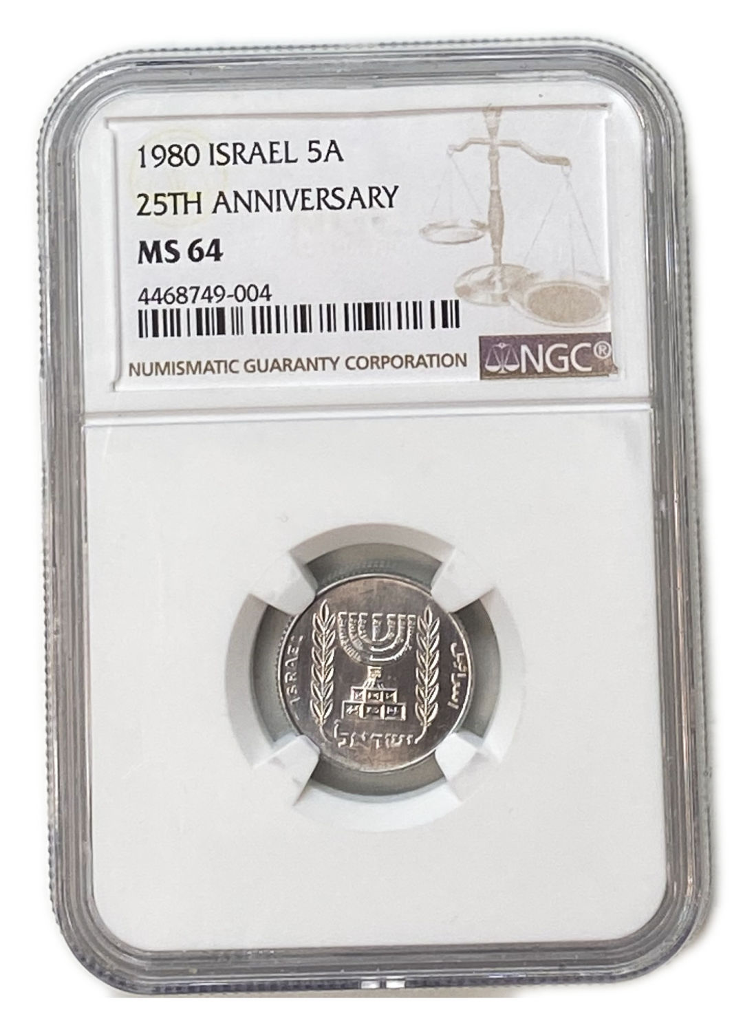 Israel - 5 Agorot 1980 - NGC MS 64
Obverse:The emblem of the State of Israel; "Israel" in Hebrew ... - 1 2