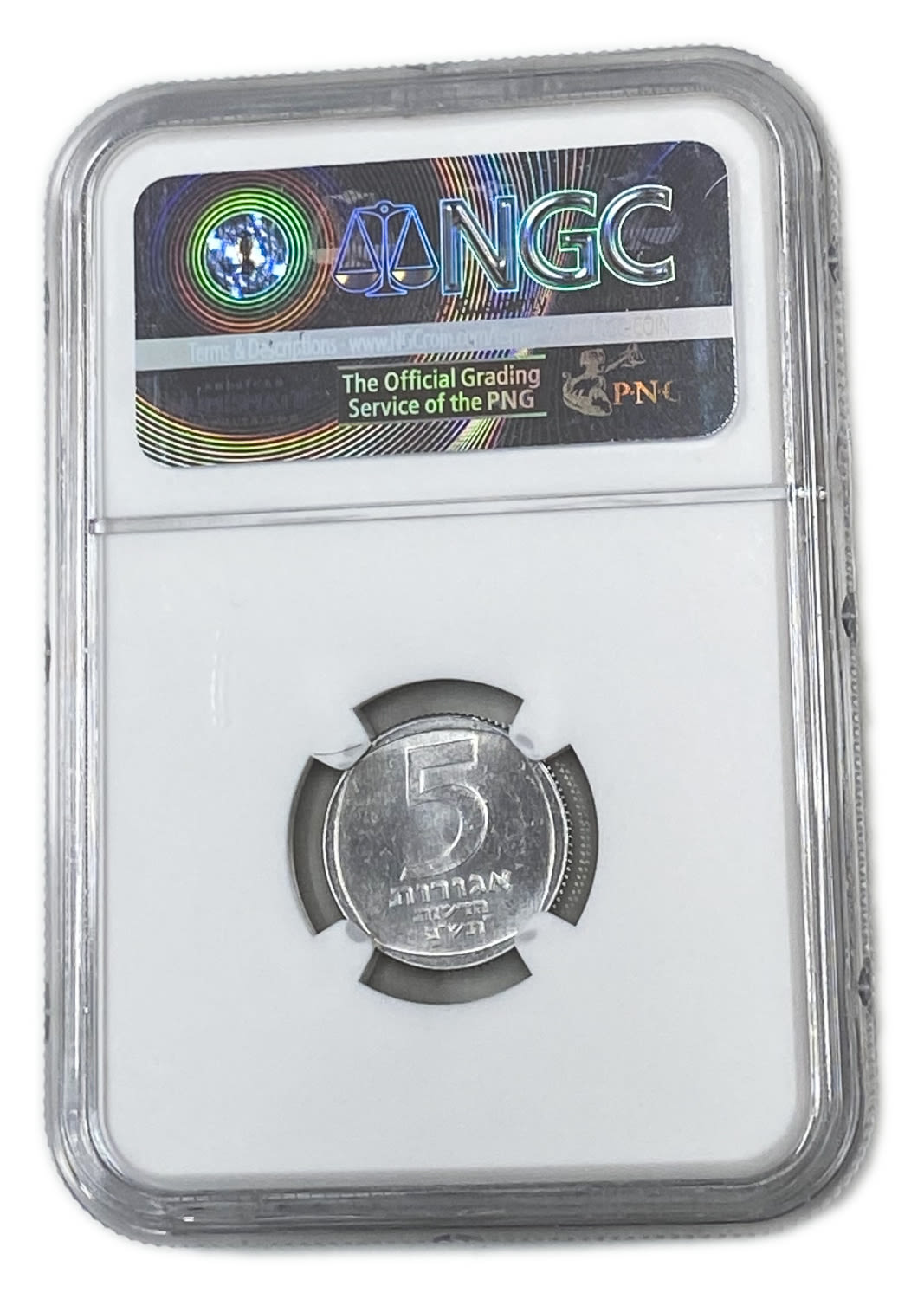 Israel - 5 Agorot 1980 - NGC MS 64
Obverse:The emblem of the State of Israel; "Israel" in Hebrew ... - 1 3